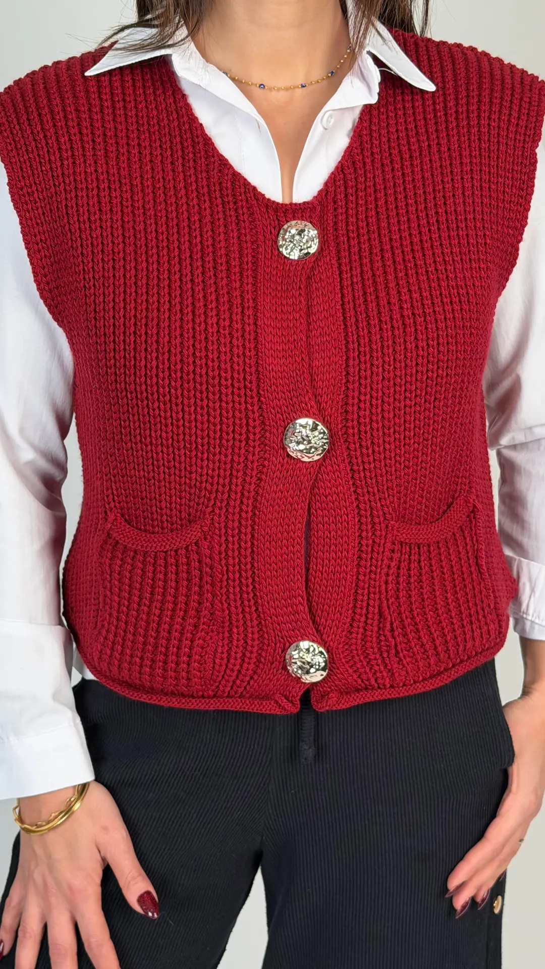 Medi Bordo Pinterest Gold Düğmeli Triko Yelek