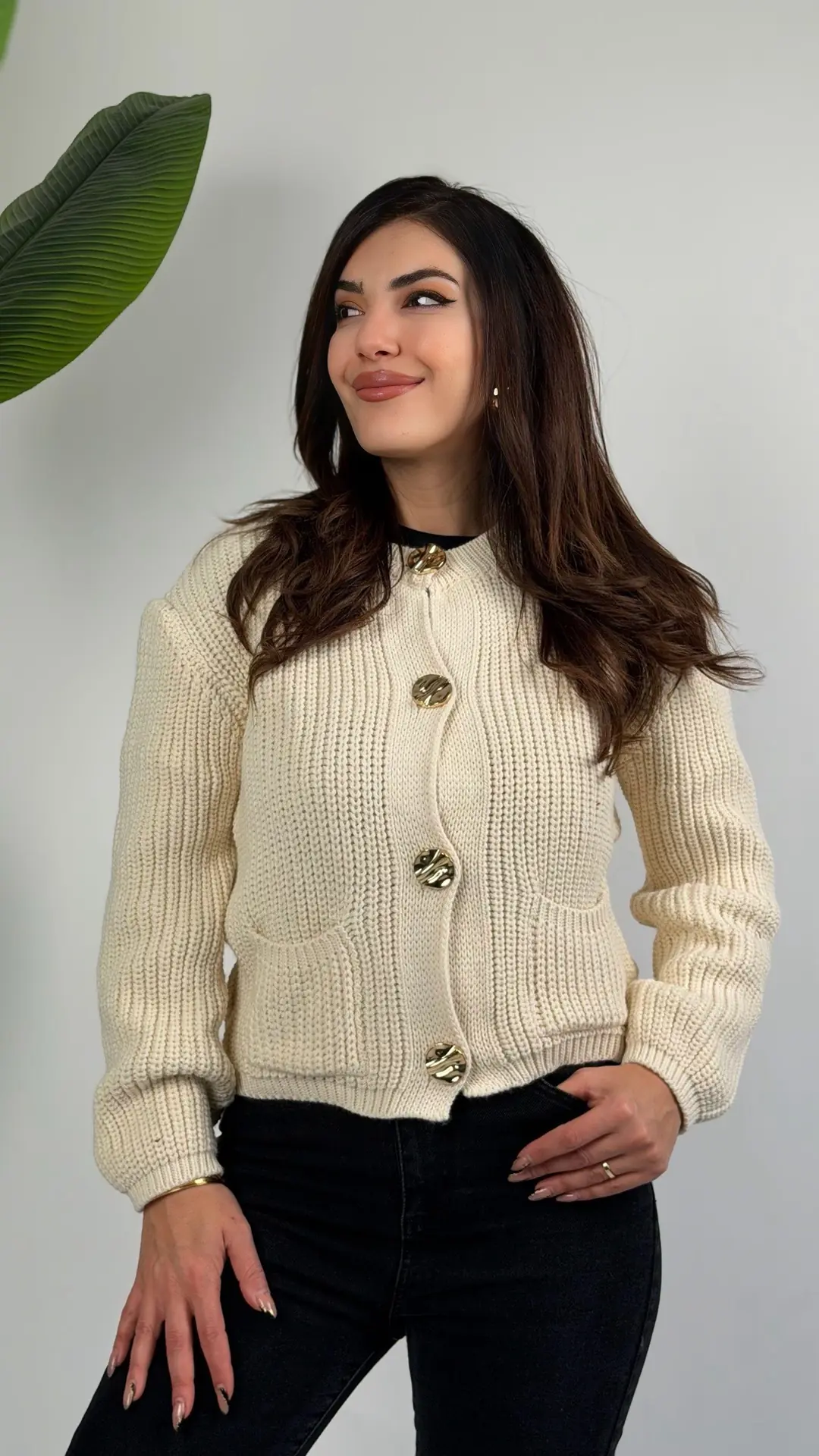 Duci Bej Gold Düğmeli Pinterest Hırka - Bej