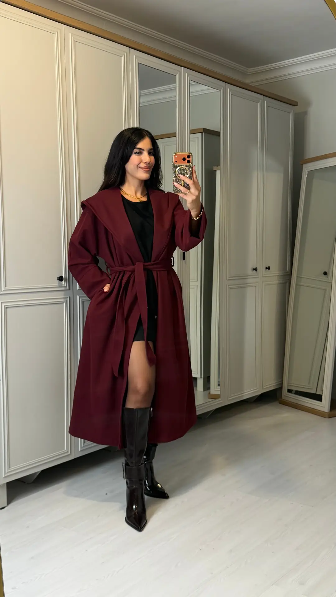 Lovu Bordo Uzun Kaşe Kaban - Bordo