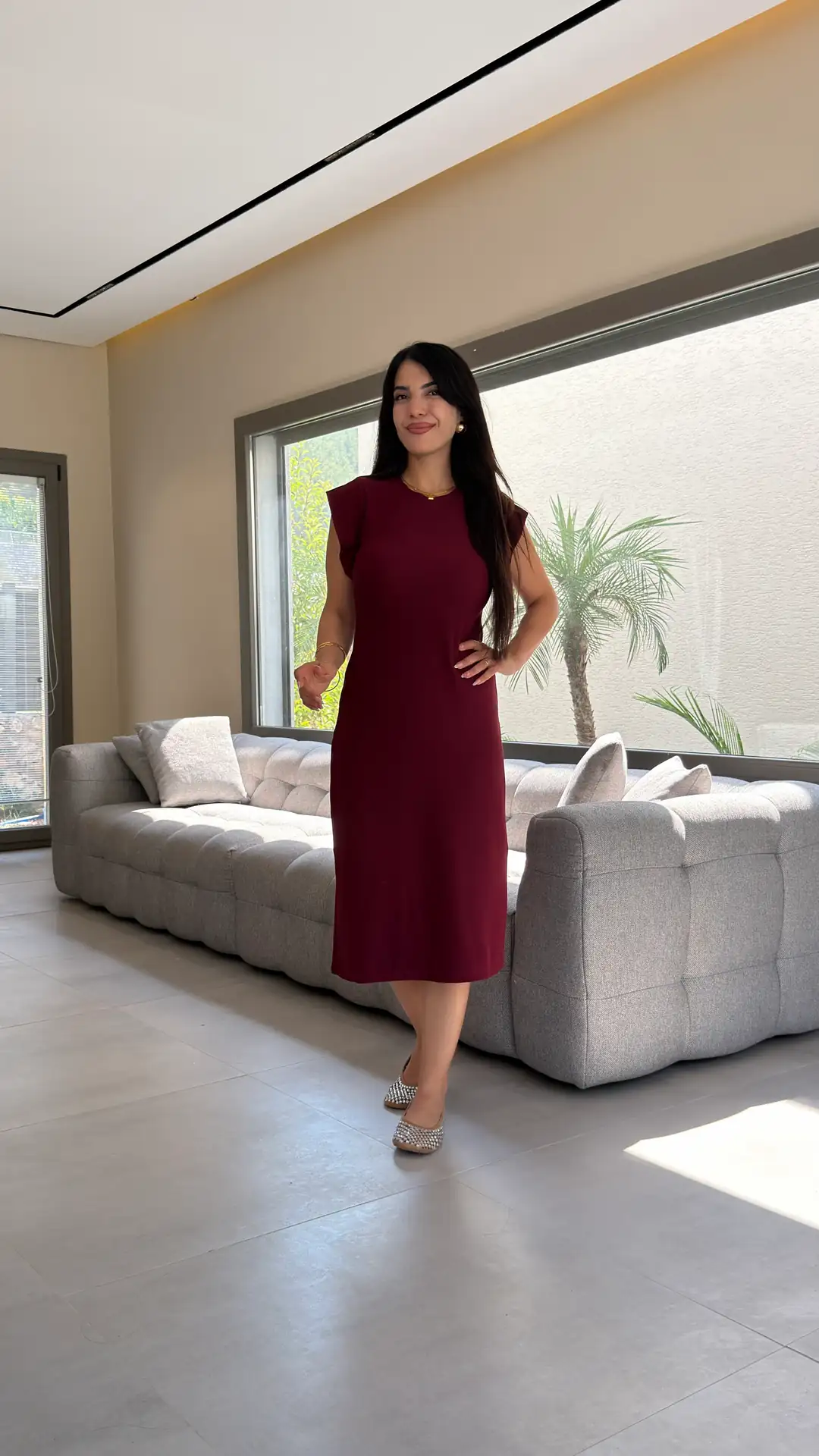 Ranes Bordo Ottoman Midi Elbise - Bordo