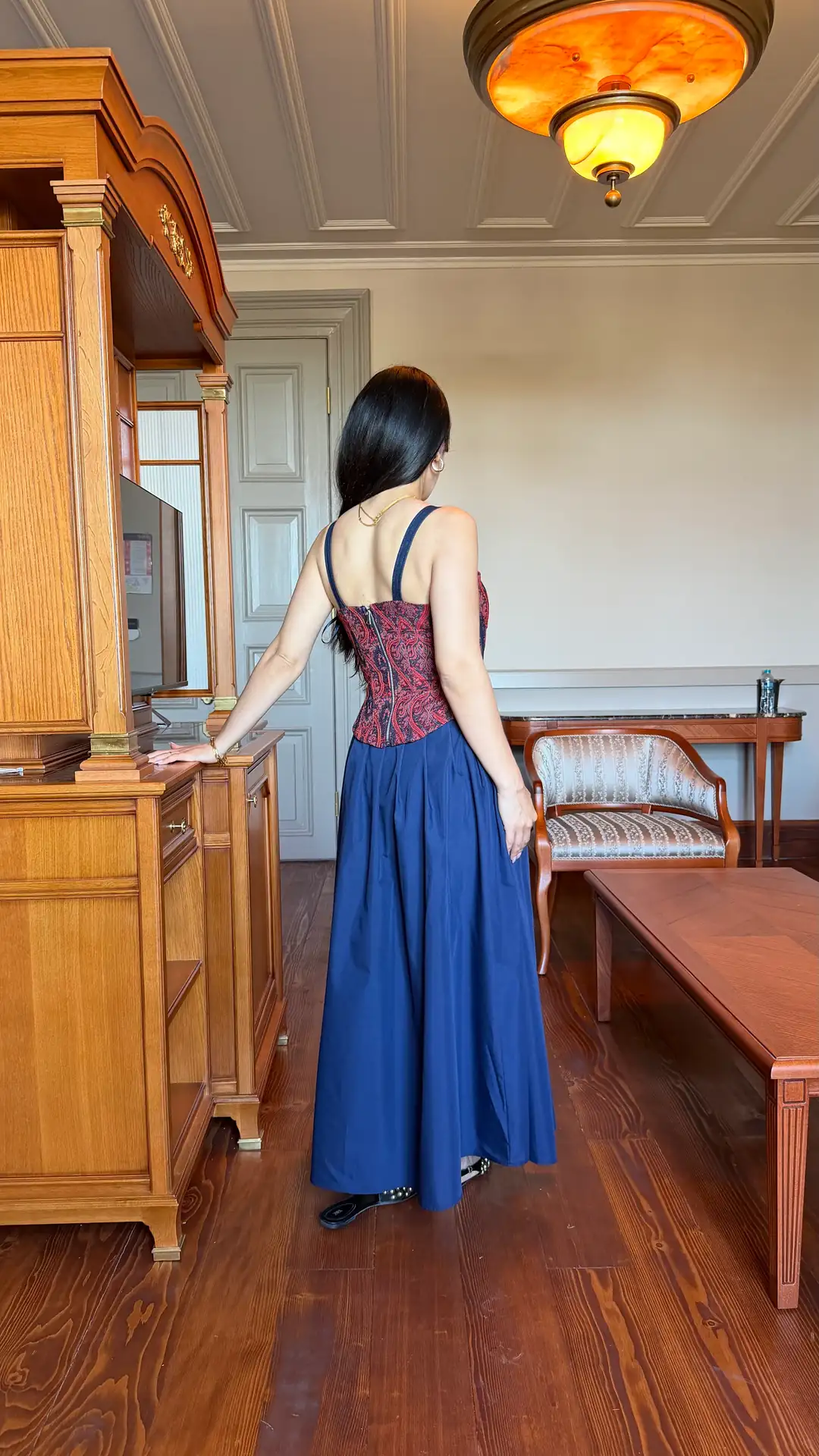 Verona Lacivert Beli Lastikli Poplin Etek