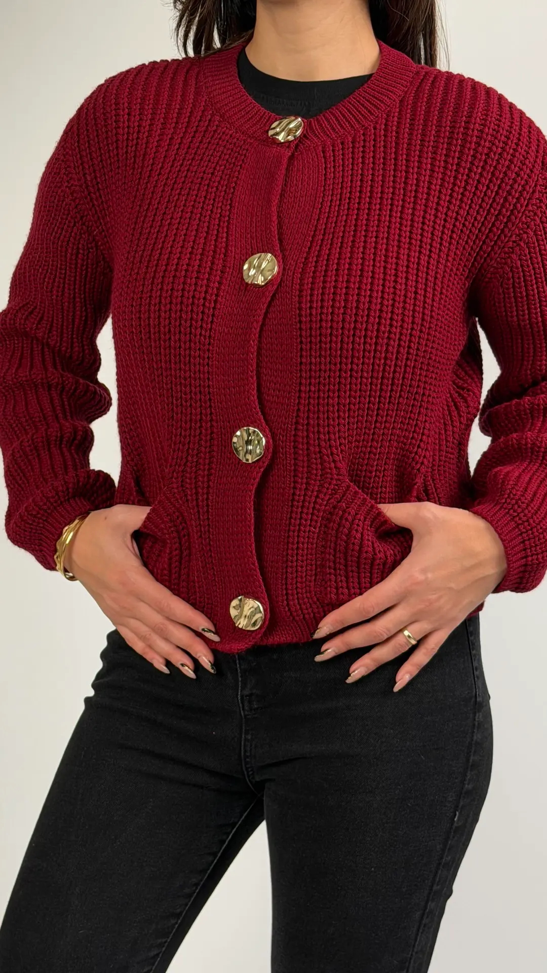 Duci Bordo Gold Düğmeli Pinterest Hırka - Bordo