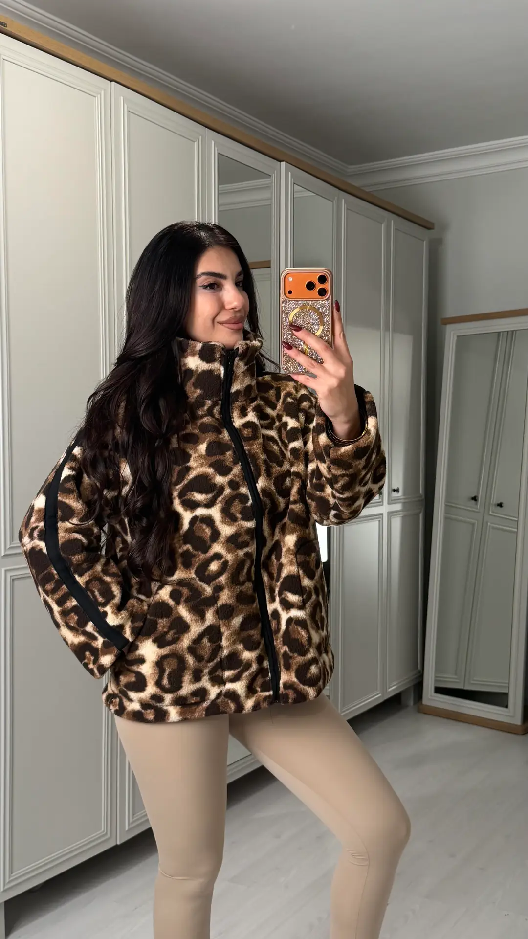 Nidy Leopar Astarlı Fermuarlı Polar Mont - Leopar