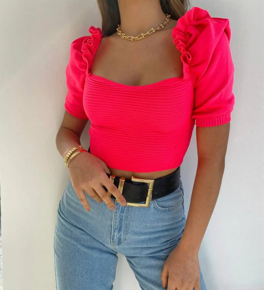 Pembe Balon Kol Crop Top - Pembe