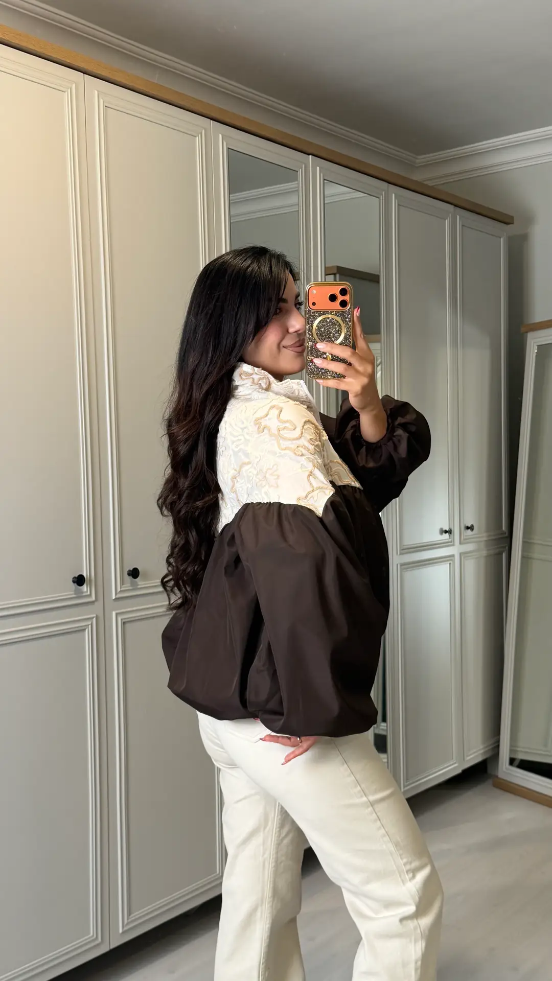 Fily Acı Kahverengi Nakışlı Bomber Ceket