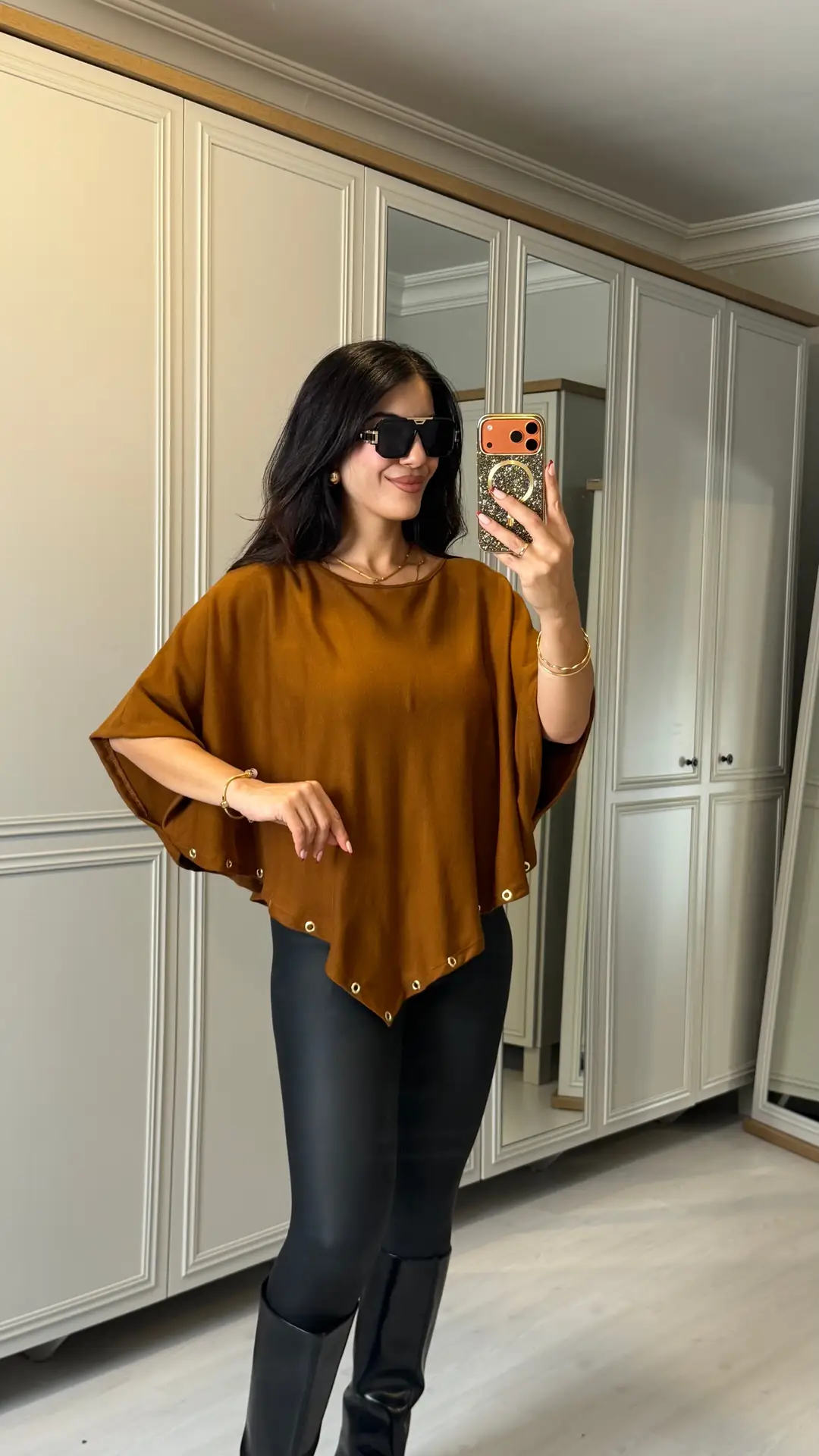 Bily Kahverengi Kuş Gözü Detaylı Panço - Kahverengi