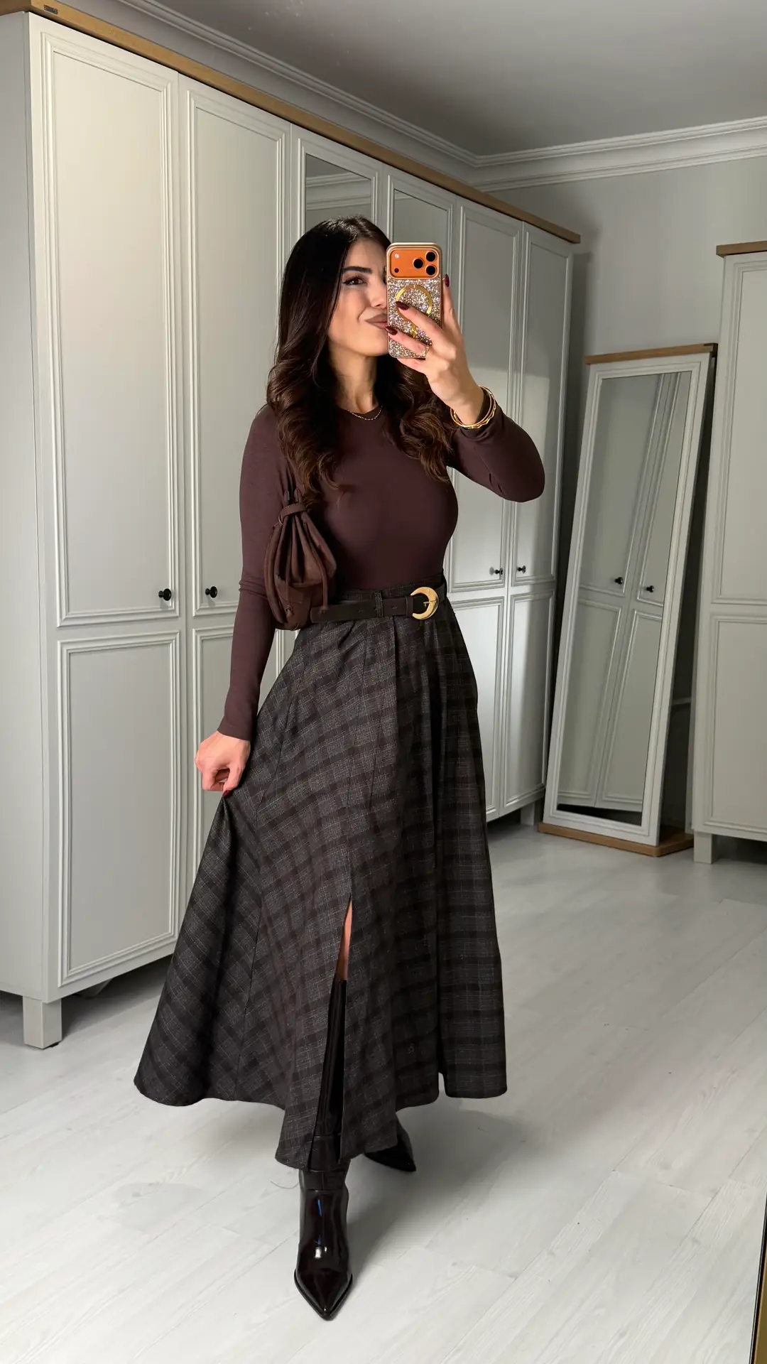 Ottavia Kahverengi Kemerli Yırtmaçlı Ekose Etek
