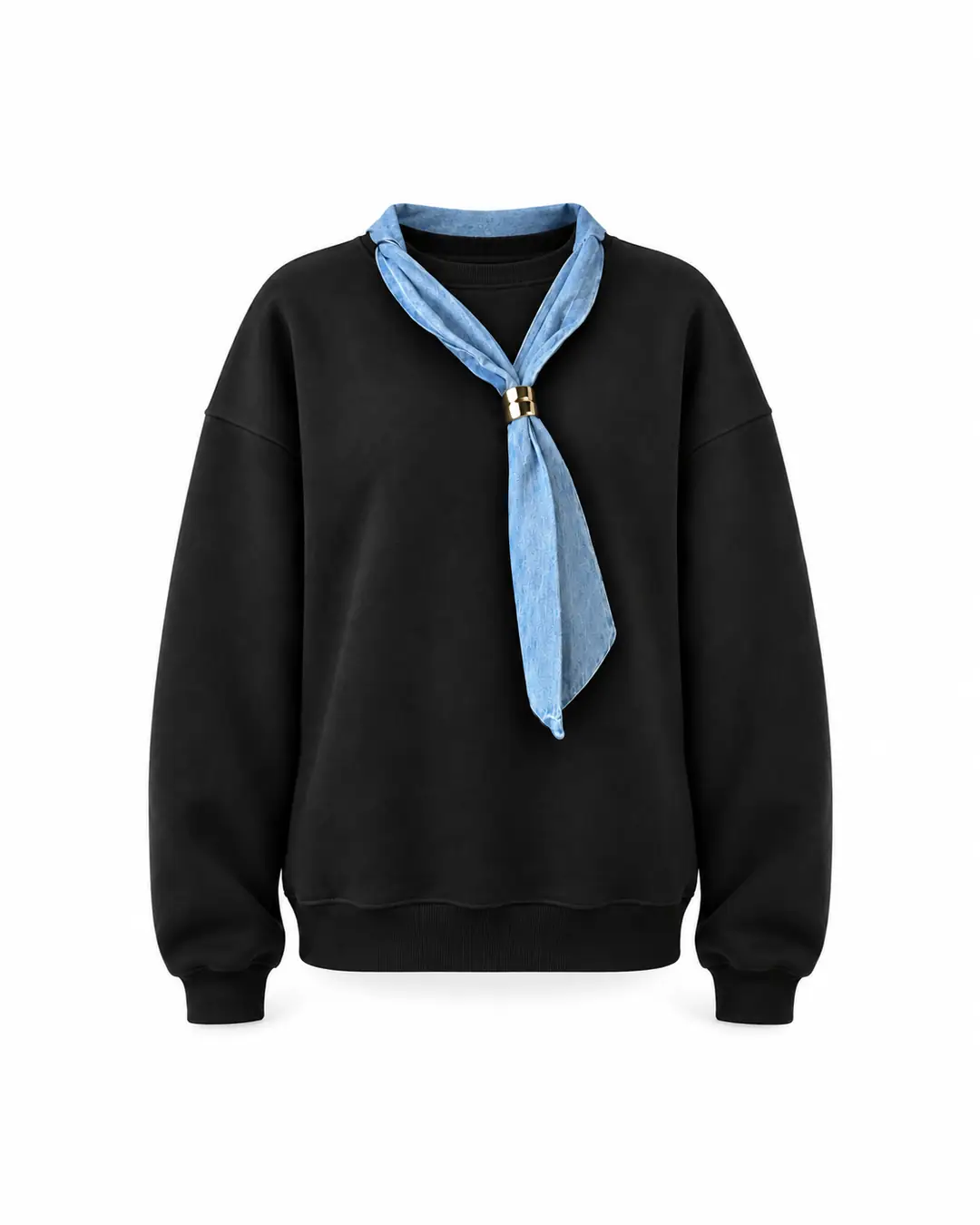 Coly Siyah Denim Fularlı Üç İplik Sweatshirt - Siyah