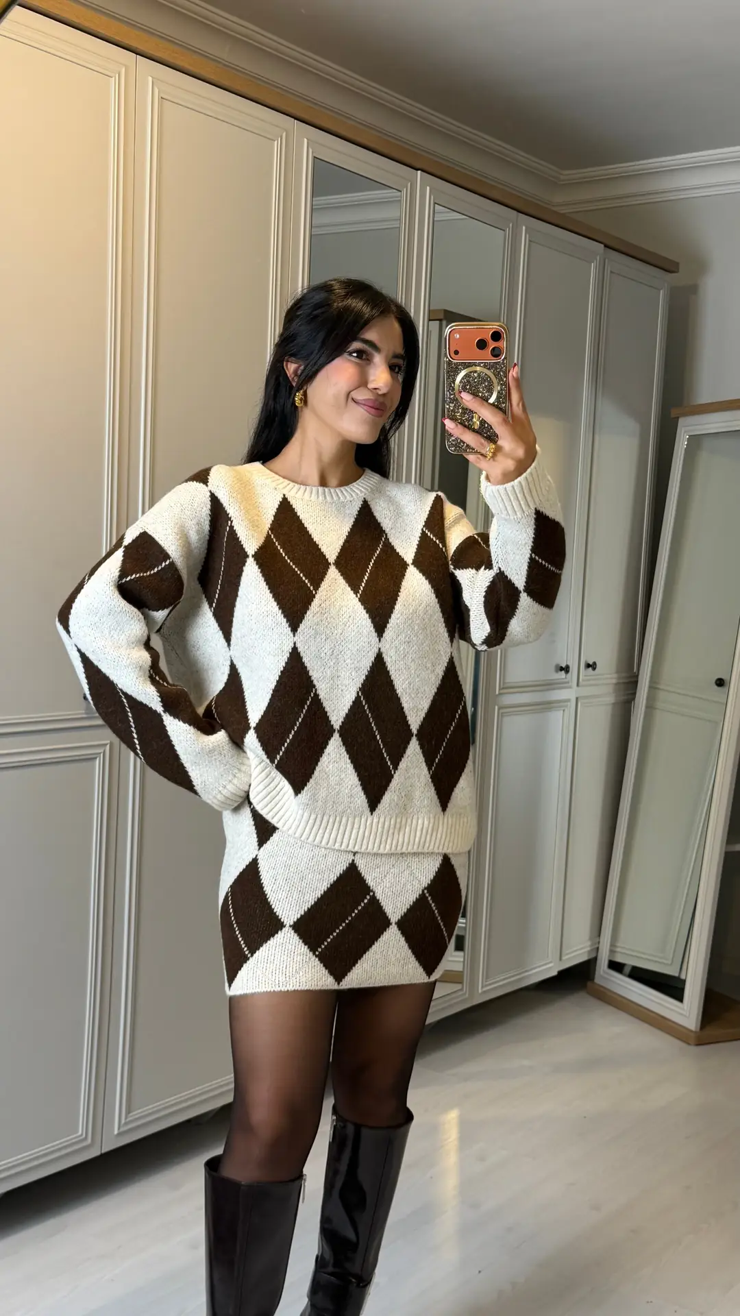 Mane Kahverengi Baklava Desenli Triko İkili Takım - Kahverengi