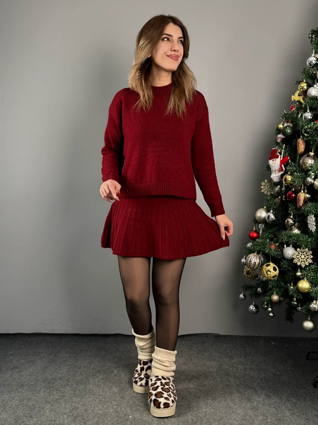 Sary Bordo Bisiklet Yaka Etekli Triko Takım