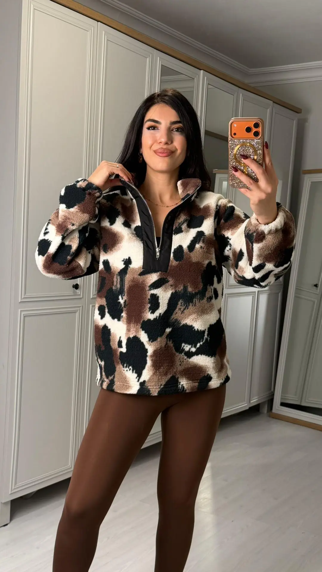 Nika Leopar Desenli Yarım Fermuarlı Polar Sweatshirt - Leopar