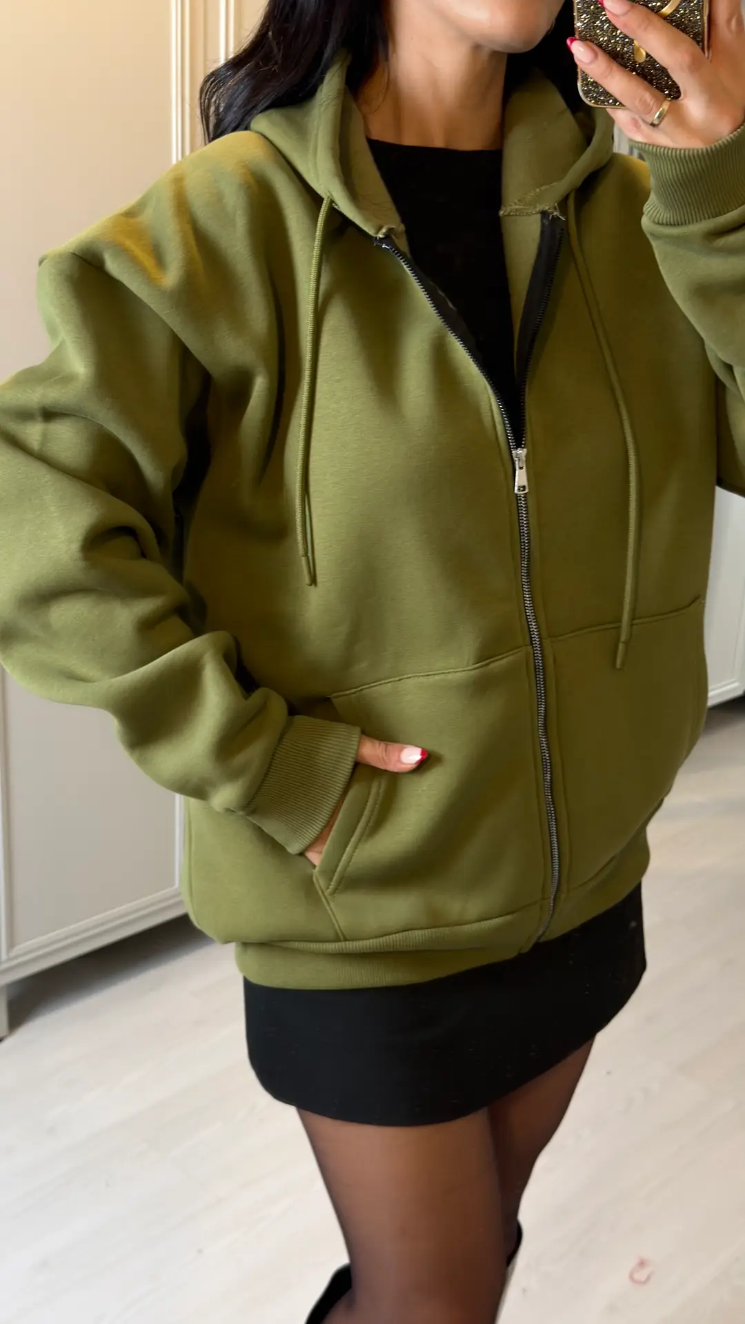 Alina Yeşil Kapüşonlu Üç İplik Sweatshirt