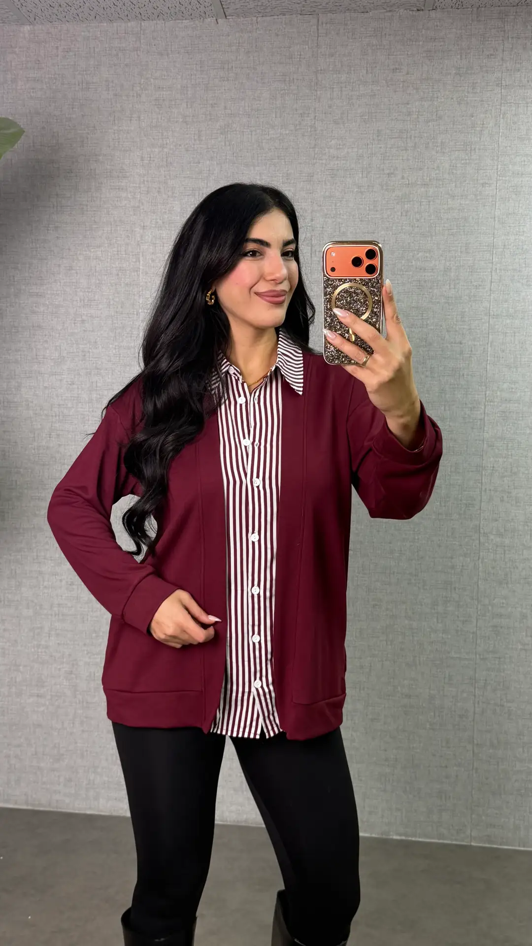 Vear Çizgili Gömlekli Bluz - Bordo
