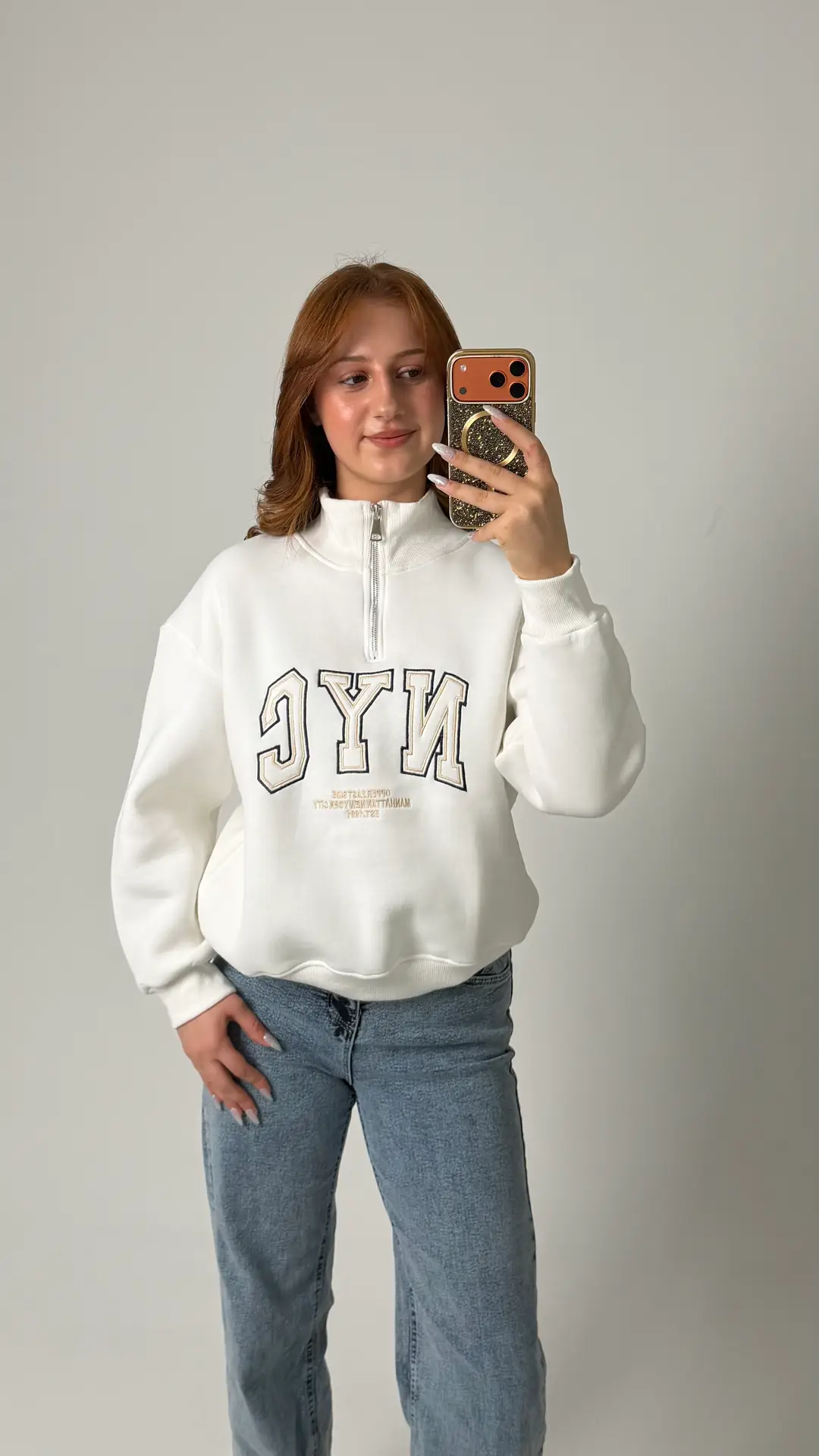 Nyc Fermuarlı Sweatshirt - Beyaz