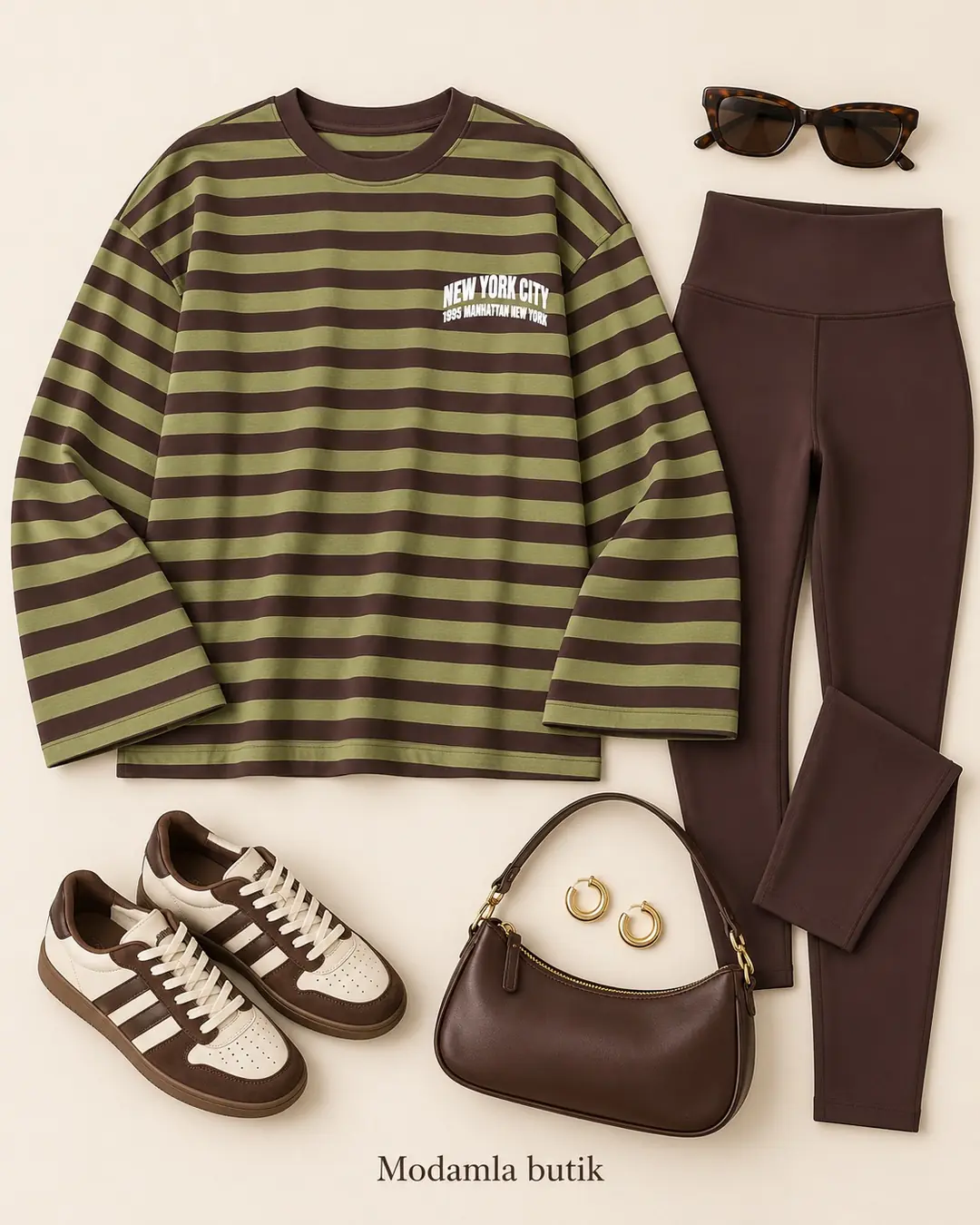 New York City Baskılı Çizgili Sweatshirt - Yeşil