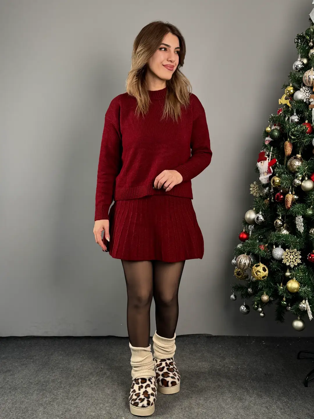 Sary Bordo Bisiklet Yaka Etekli Triko Takım