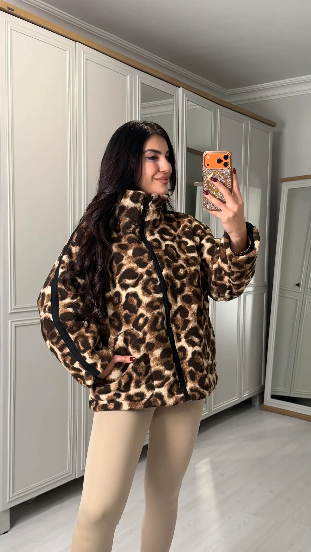 Nidy Leopar Astarlı Fermuarlı Polar Mont