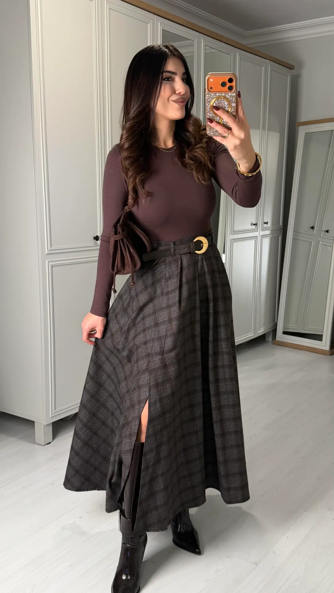 Ottavia Kahverengi Kemerli Yırtmaçlı Ekose Etek