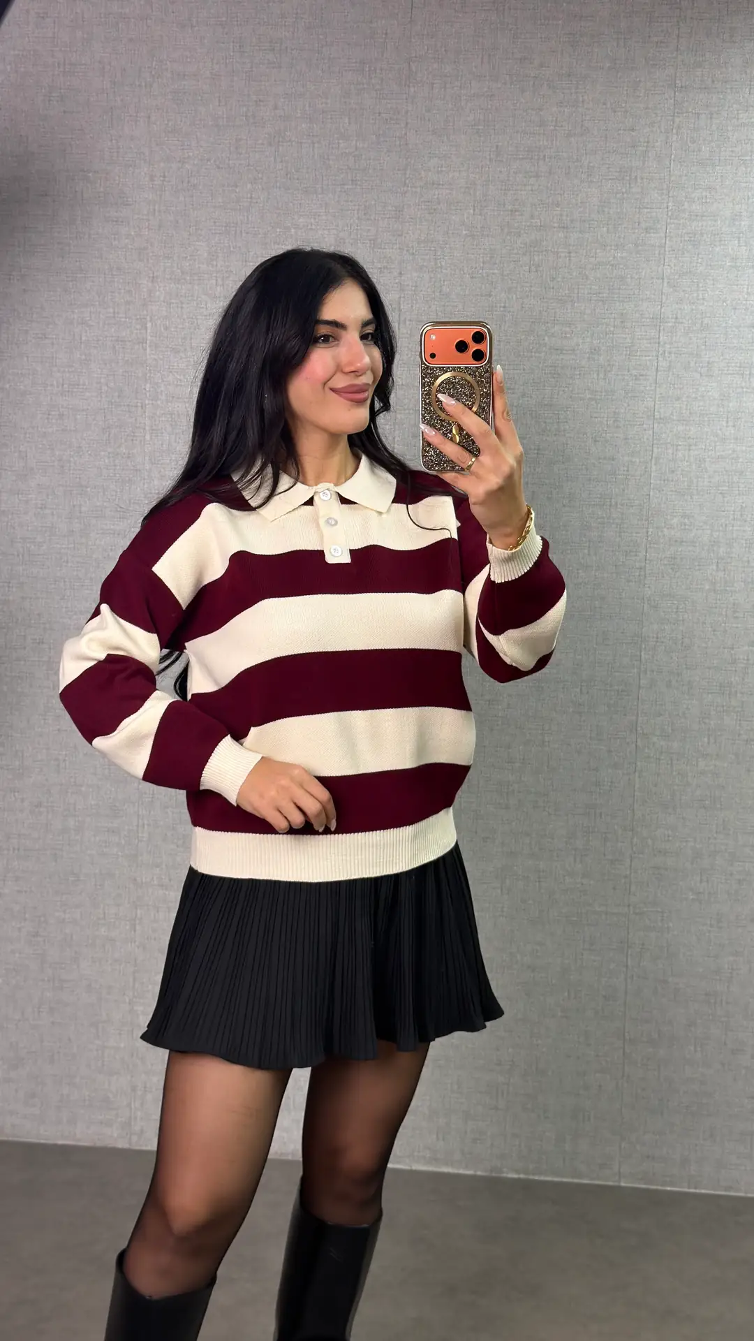 Vika Çizgili Triko Kazak - Bordo