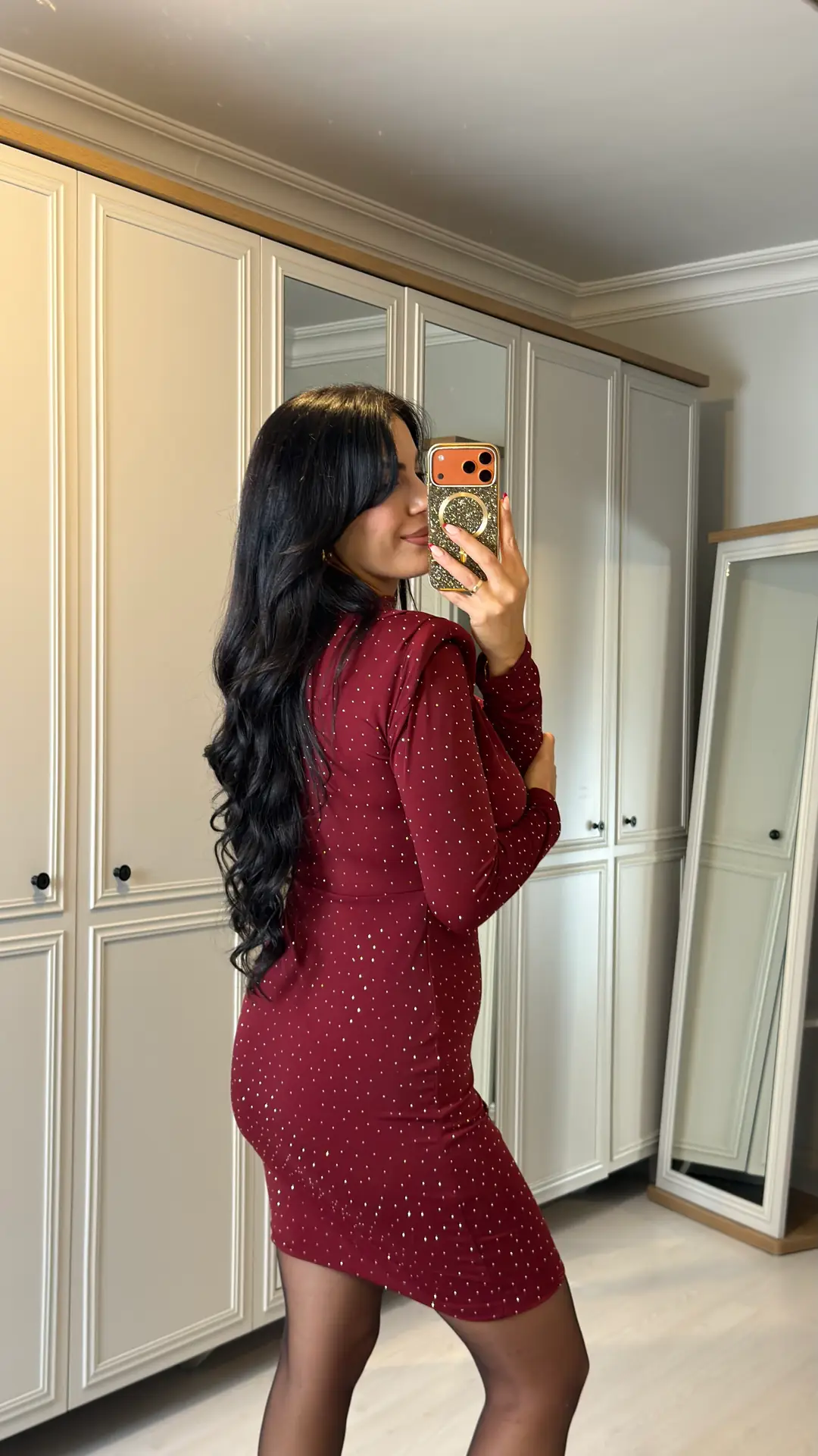 İvra Bordo Taşlı Vatkalı Elbise