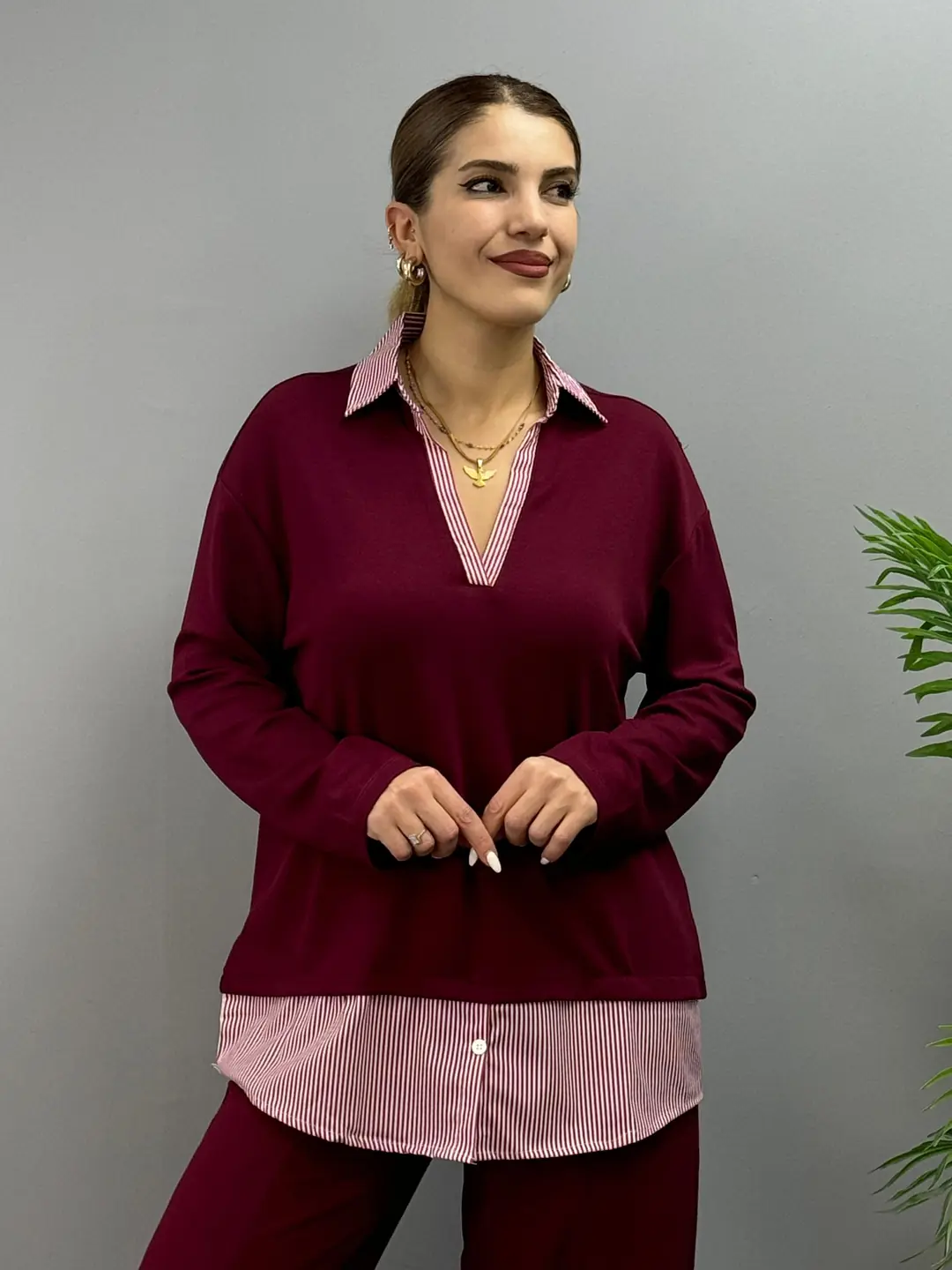 Foni Bordo Gömlek Desenli Tasarım İkili Takım - Bordo