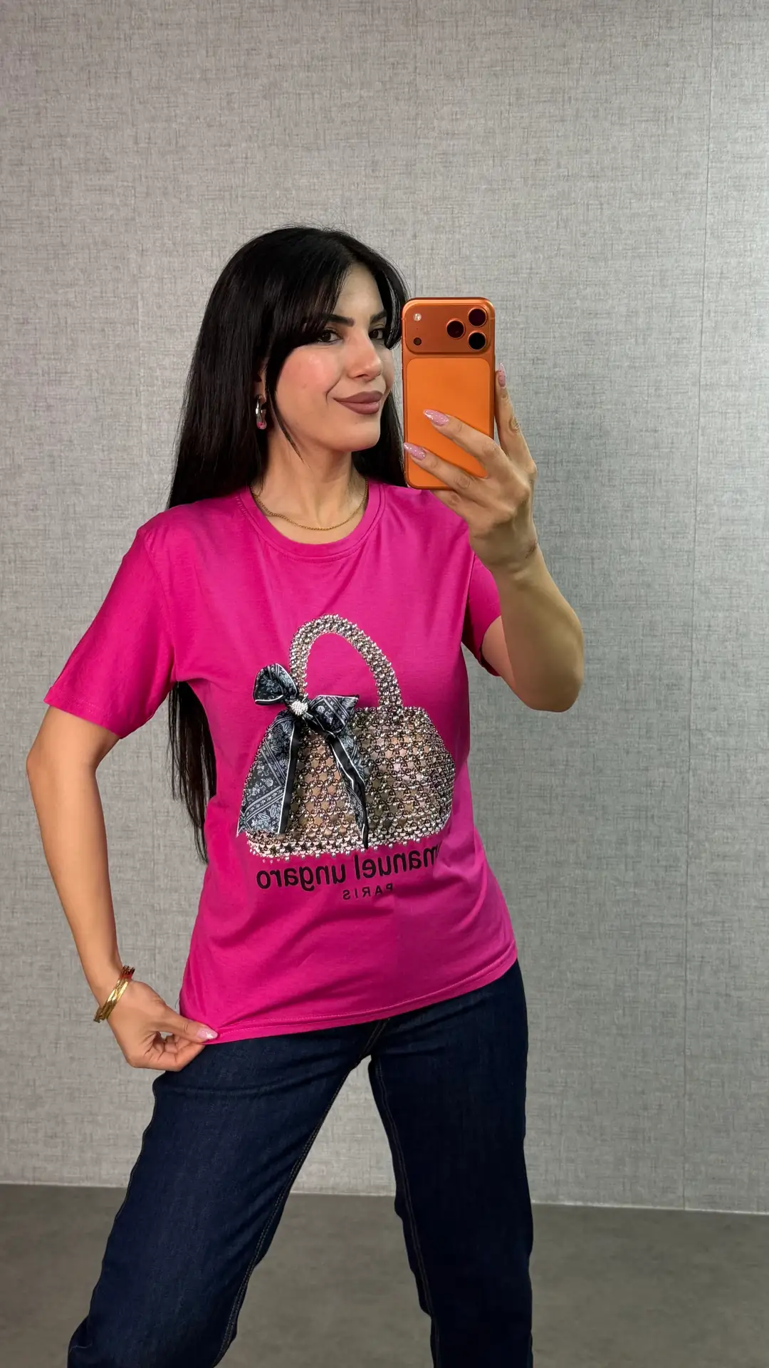 Pena Pembe Tasarım Taşlı Tişört - Pembe
