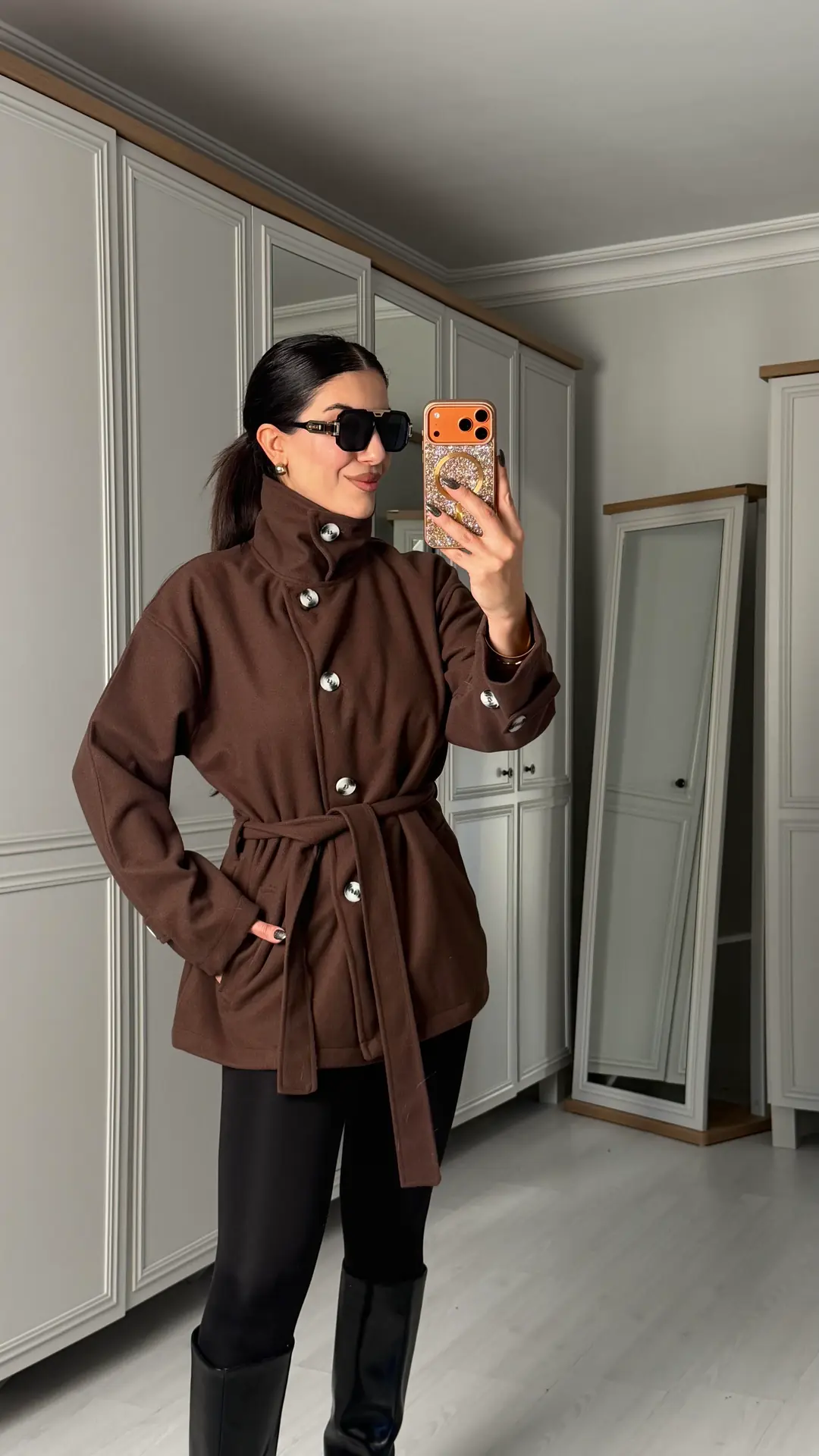 Cunna Kahverengi Dik Yaka Kaşe Kaban