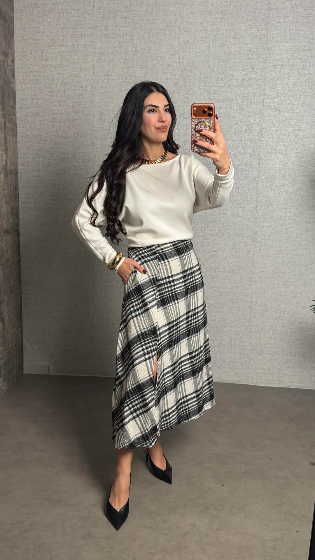 Raisa Siyah Taşlı Ekose Etek