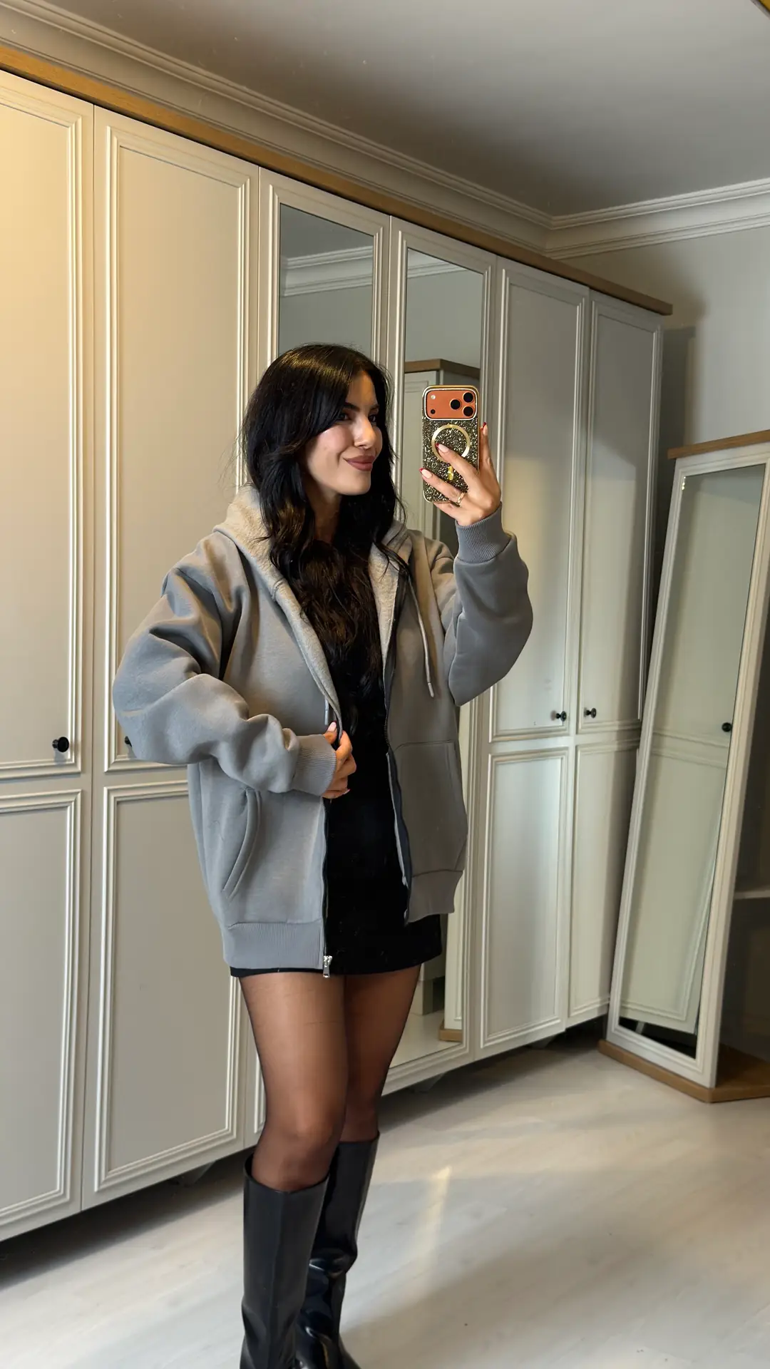 Alina Füme Kapüşonlu Üç İplik Sweatshirt - Füme
