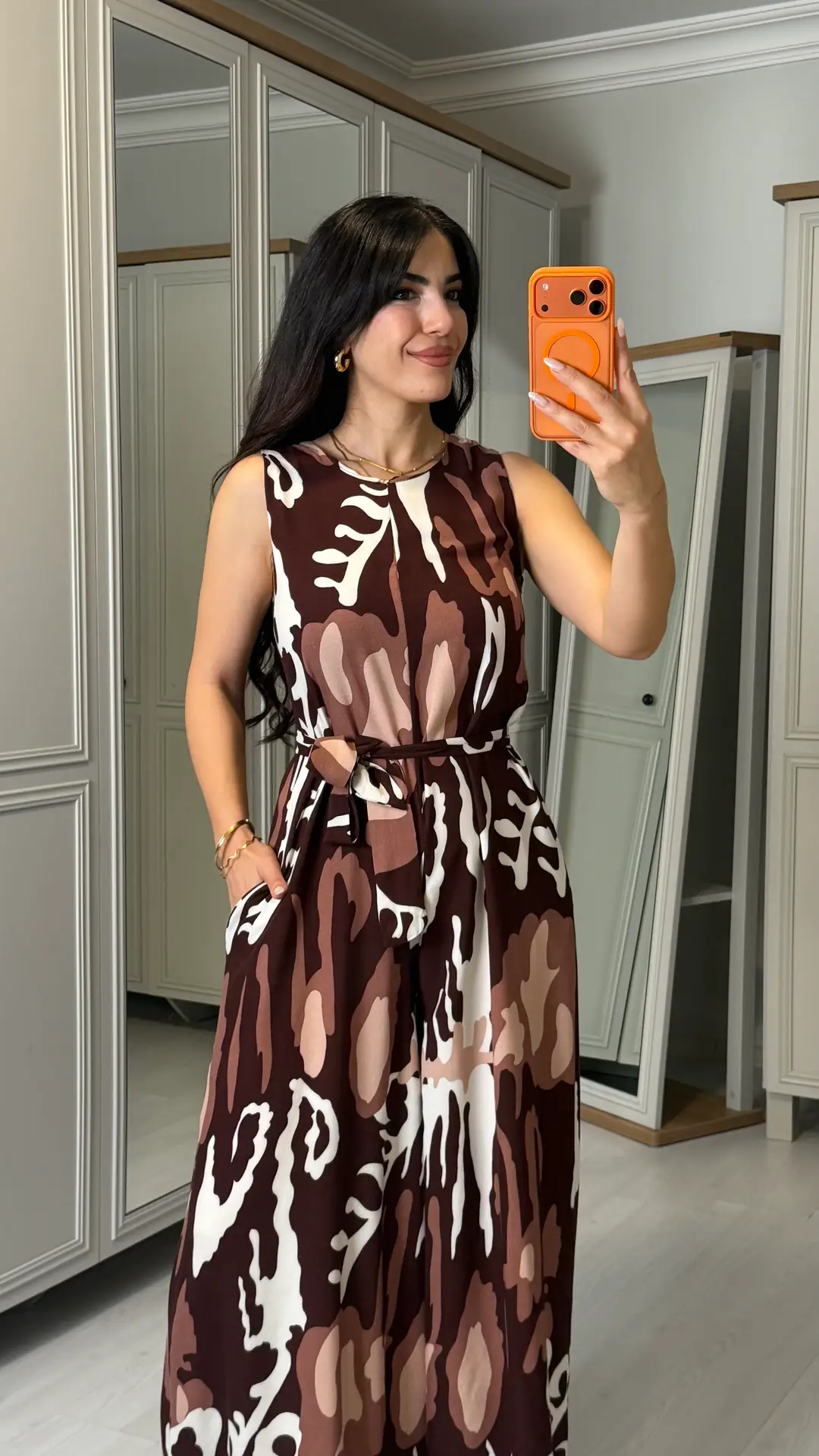 Favel Koyu Kahverengi Desenli Kemerli Bol Paça Tulum