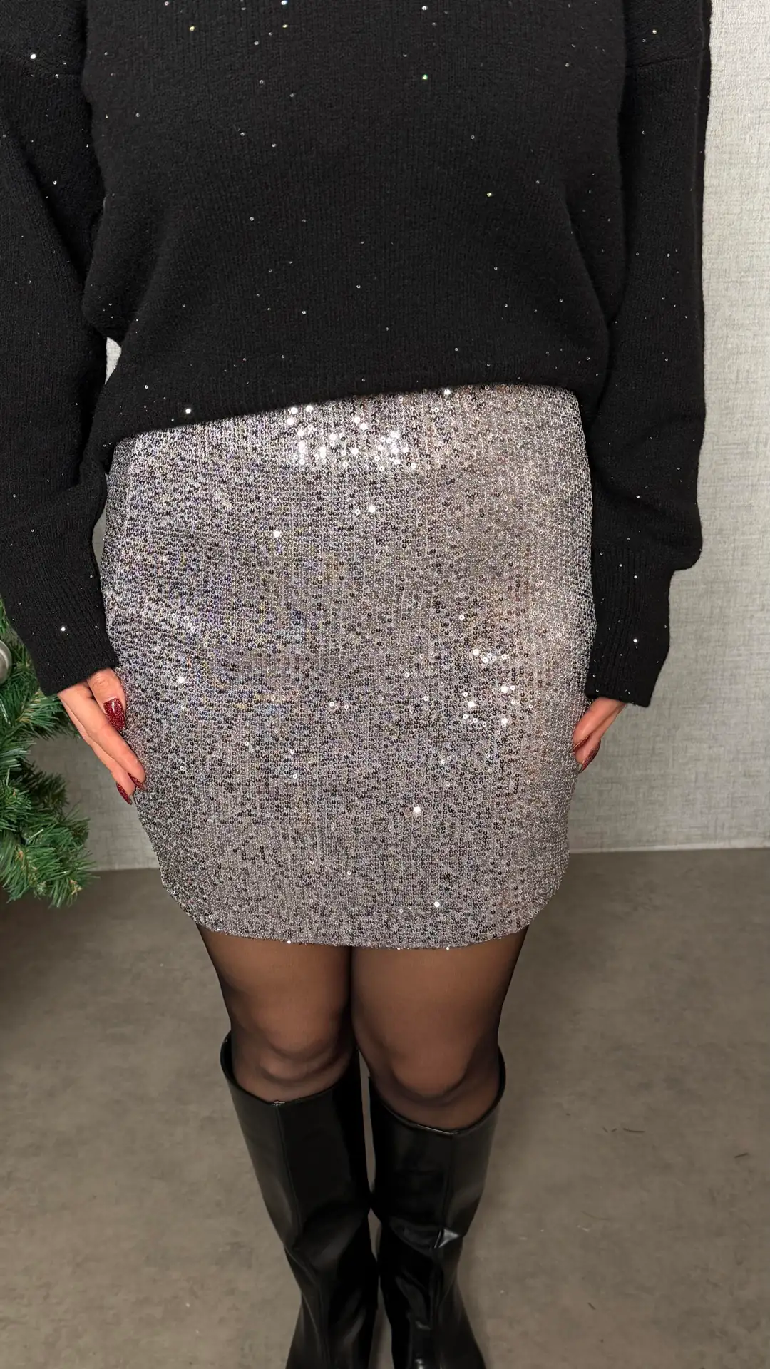 Crismas Gri Pul Payetli Astarlı Etek
