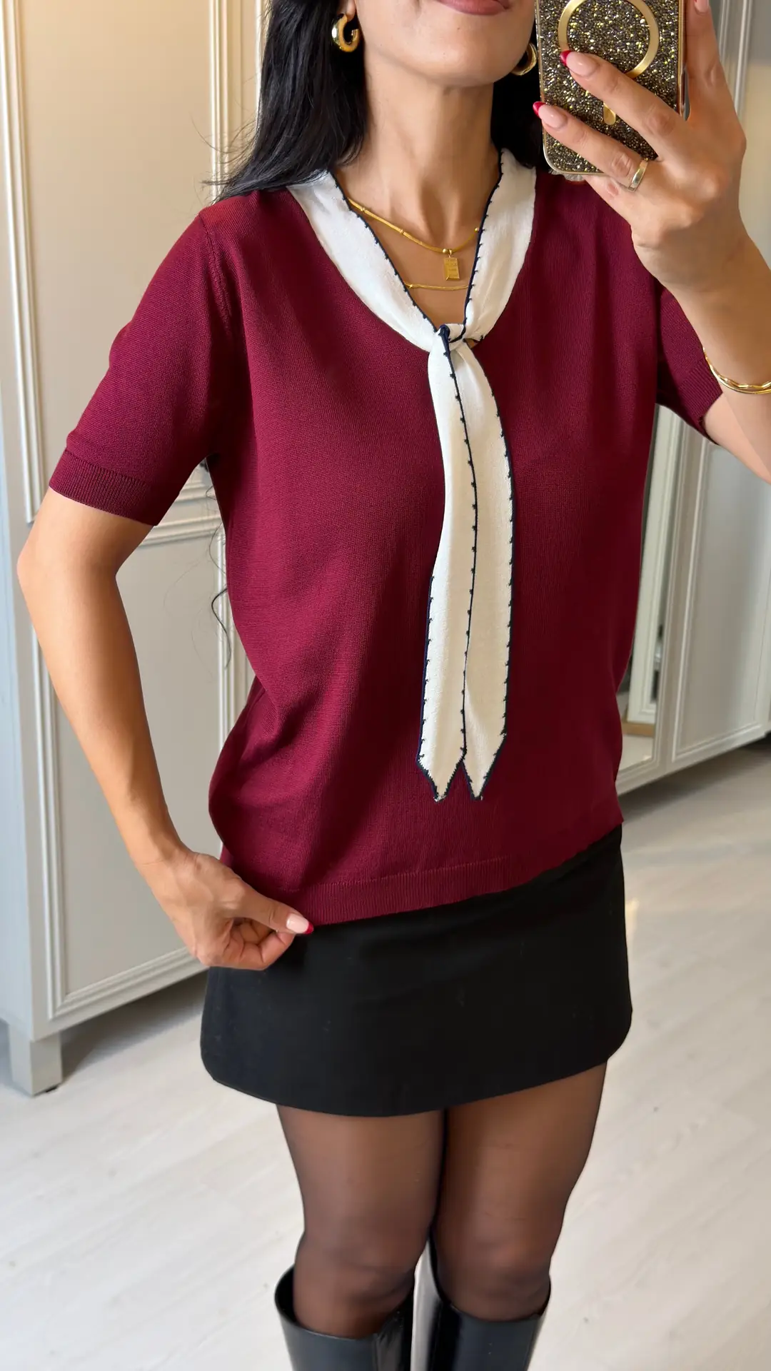 Lisa Bordo Yakalı Kısa Kollu Bluz