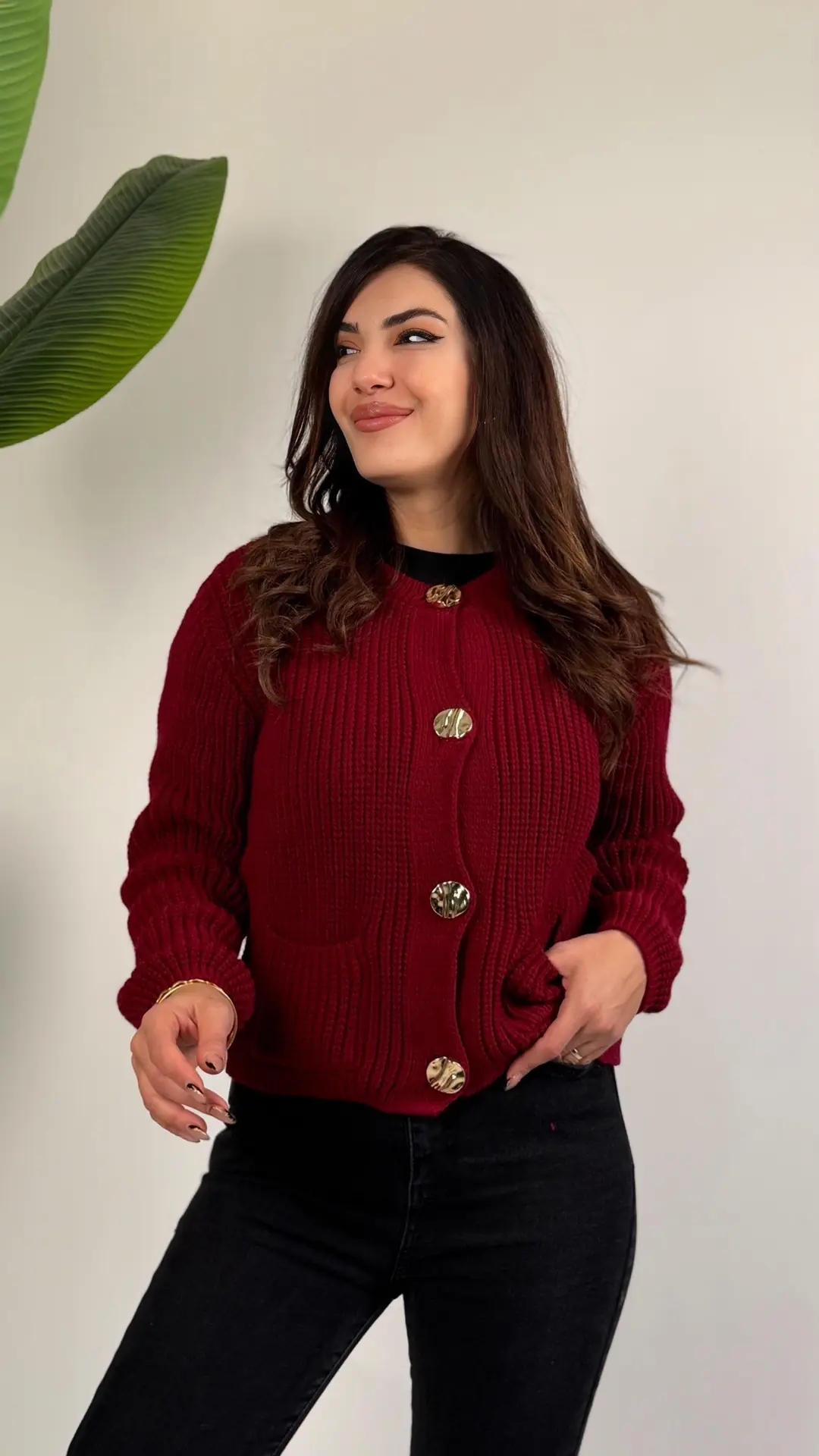 Duci Bordo Gold Düğmeli Pinterest Hırka