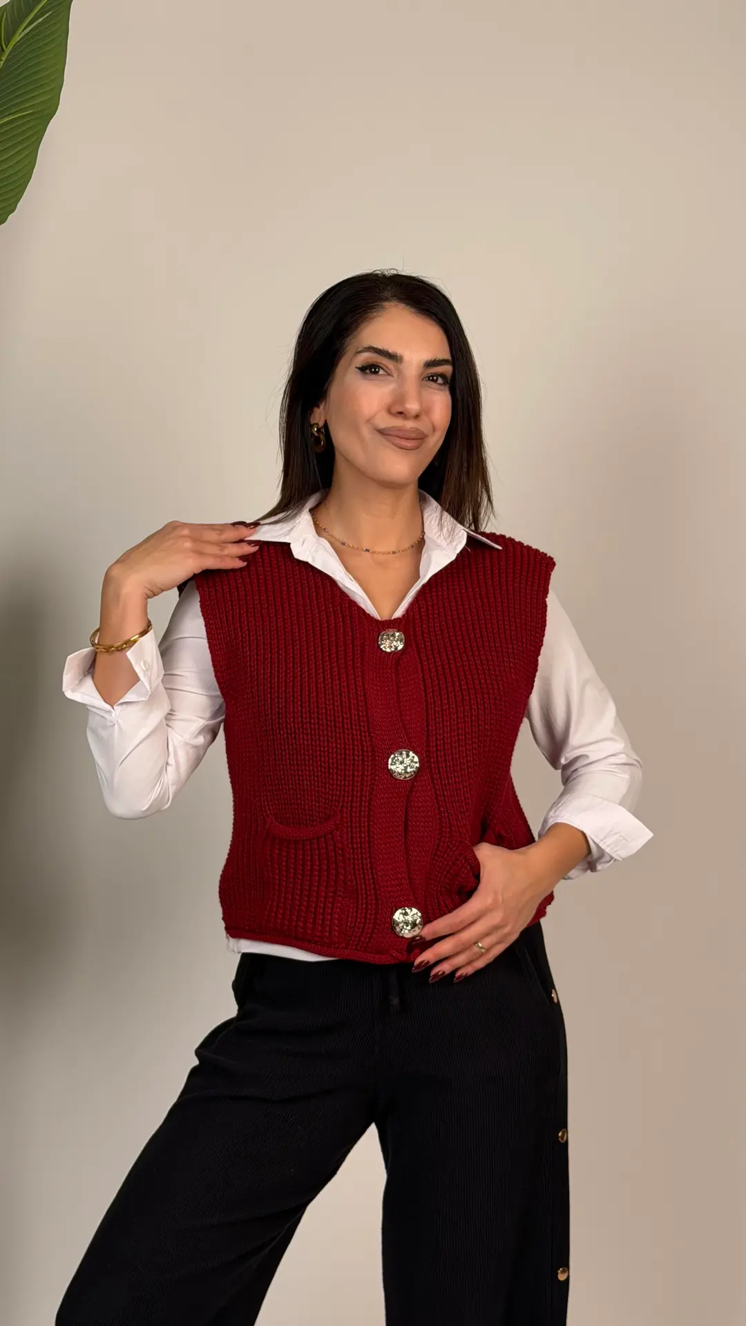 Medi Bordo Pinterest Gold Düğmeli Triko Yelek - Bordo
