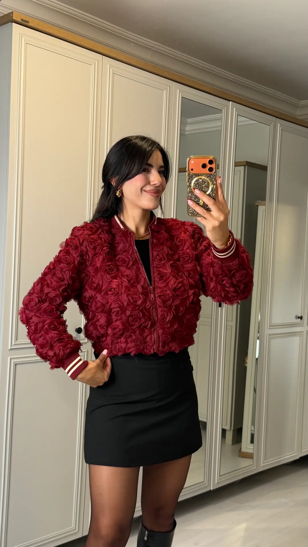 Roos Bordo Tasarım Gül İşlemeli Ceket - Bordo