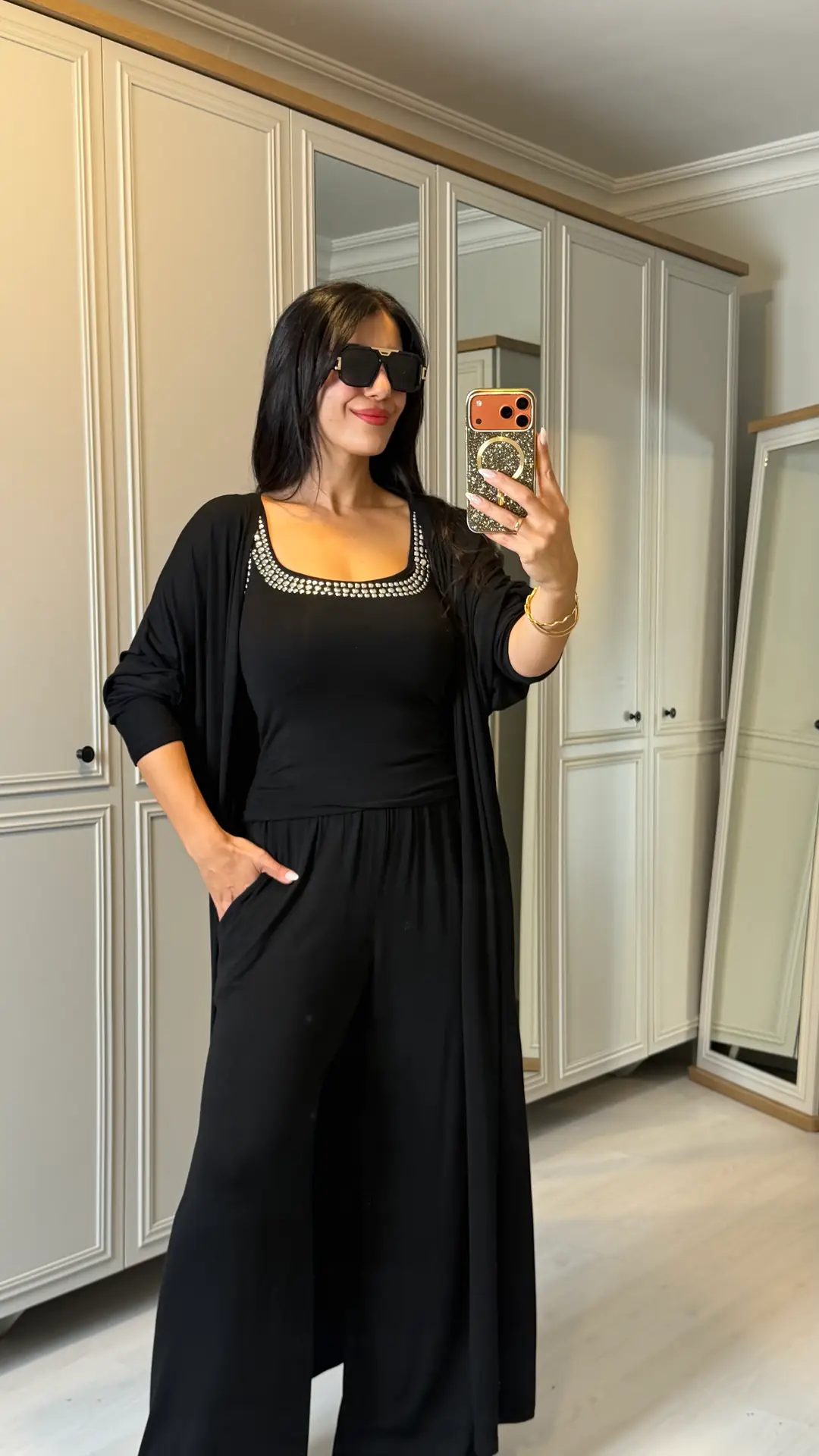 Haly İnce Çilek Triko Taş Detaylı Üçlü Takım
