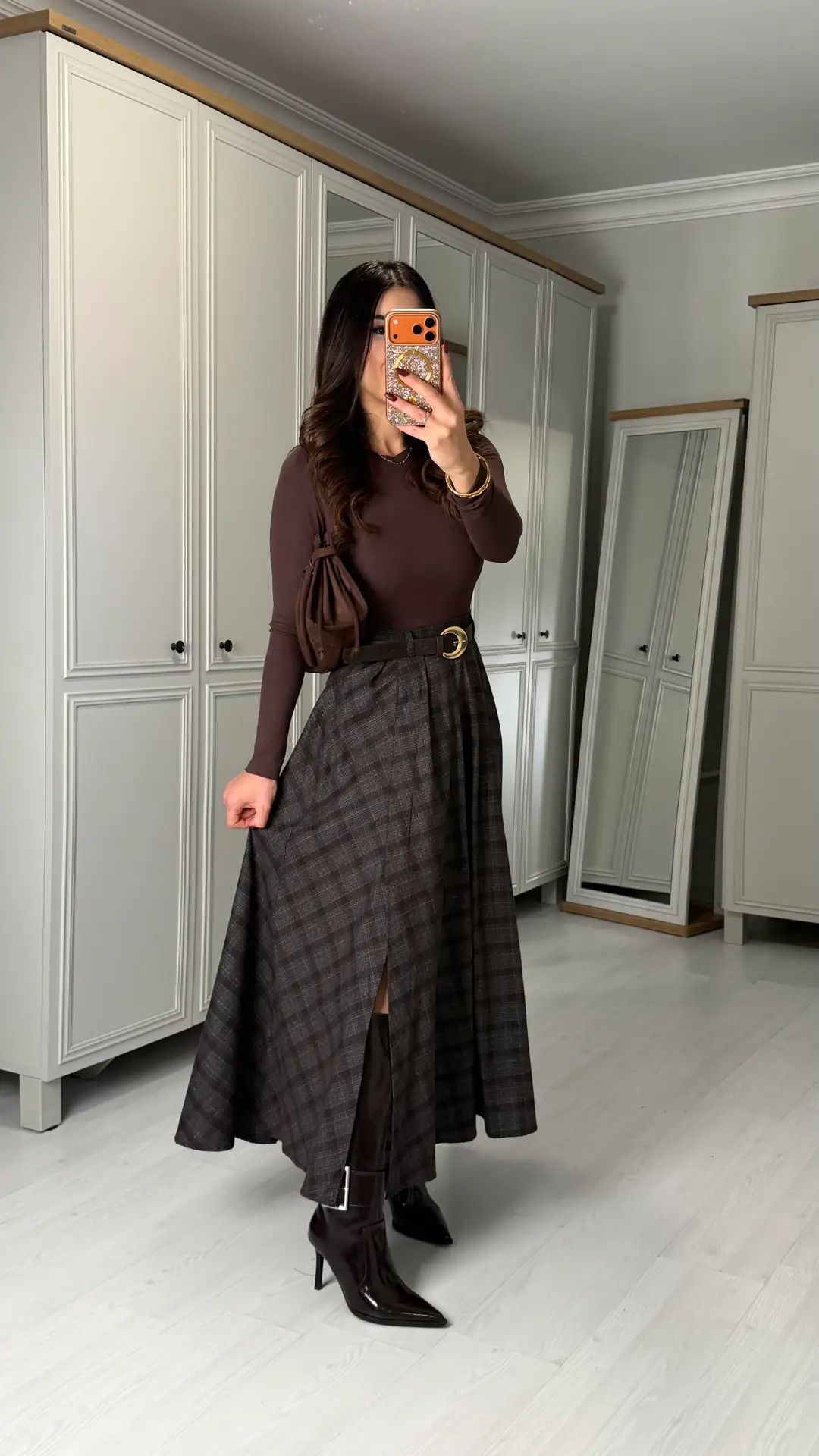 Ottavia Kahverengi Kemerli Yırtmaçlı Ekose Etek