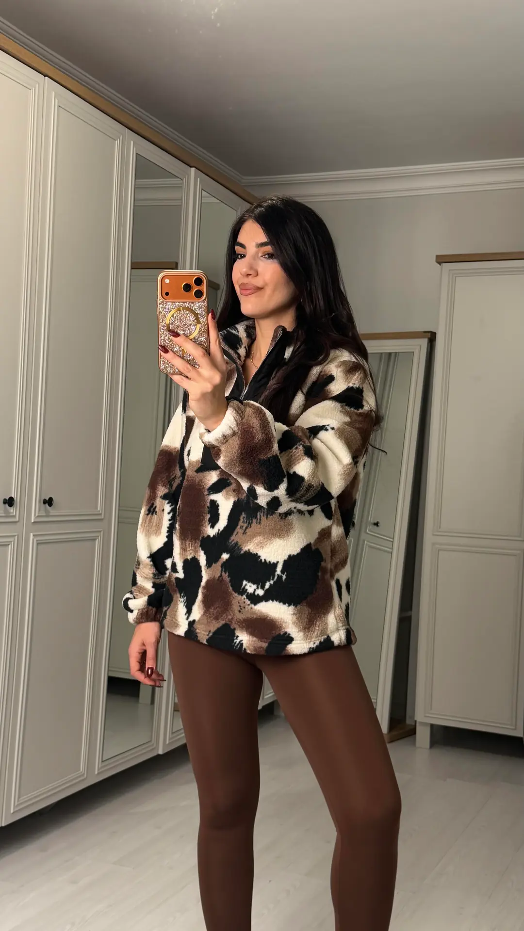 Nika Leopar Desenli Yarım Fermuarlı Polar Sweatshirt