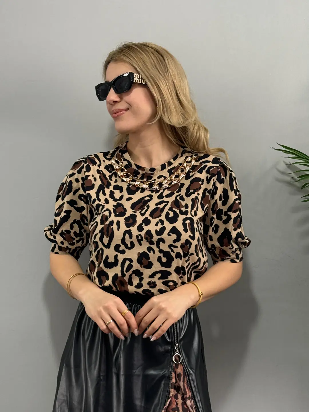 Gips Leopar Detaylı Kolyeli 2'Li Takım