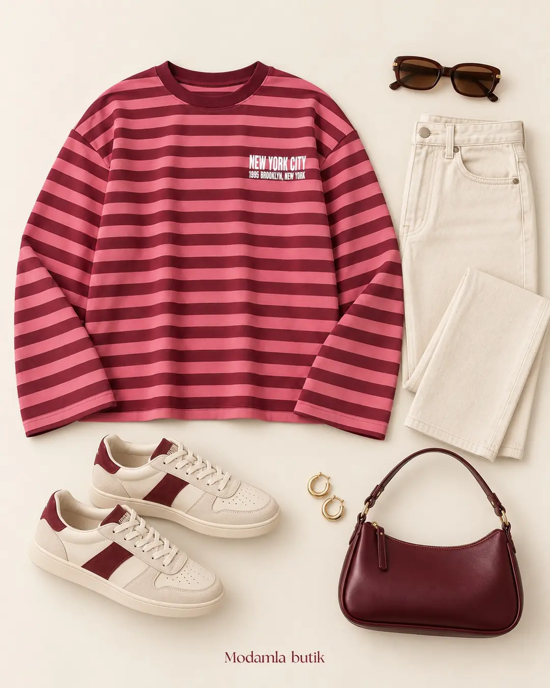 New York City Baskılı Çizgili Sweatshirt