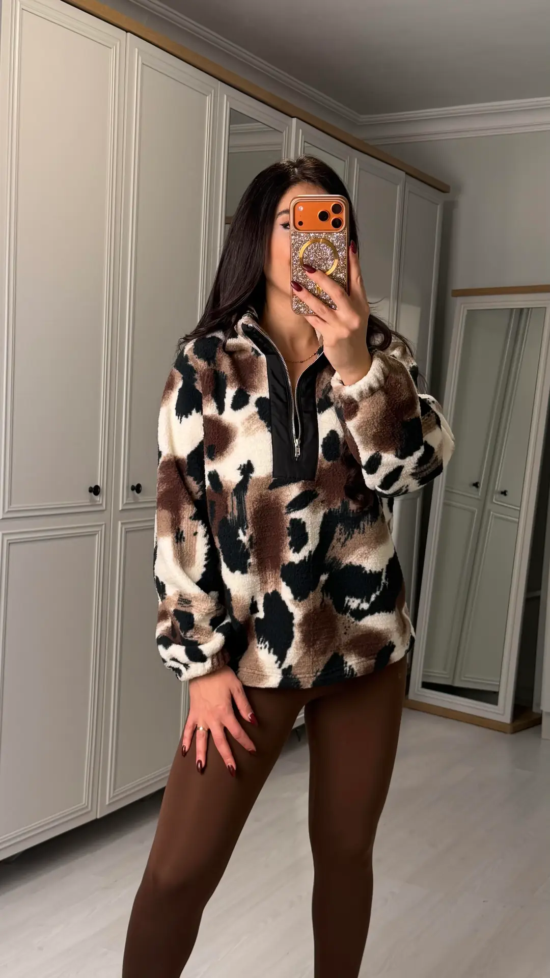 Nika Leopar Desenli Yarım Fermuarlı Polar Sweatshirt