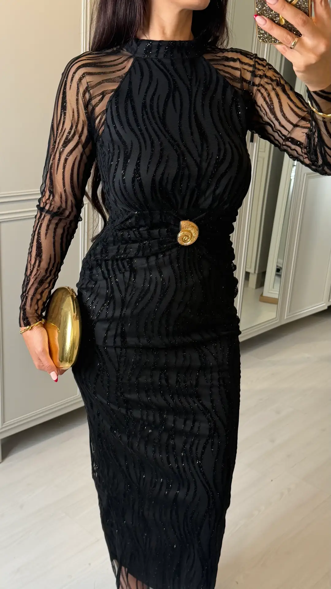Sily Siyah Simli Gold Tokalı Elbise