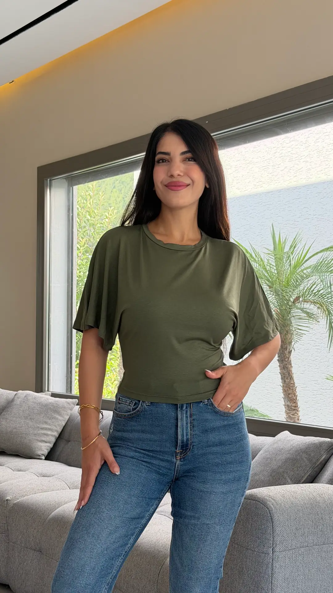 Losi Haki Yeşil Yarasa Kol Bluz - Hakiyeşil
