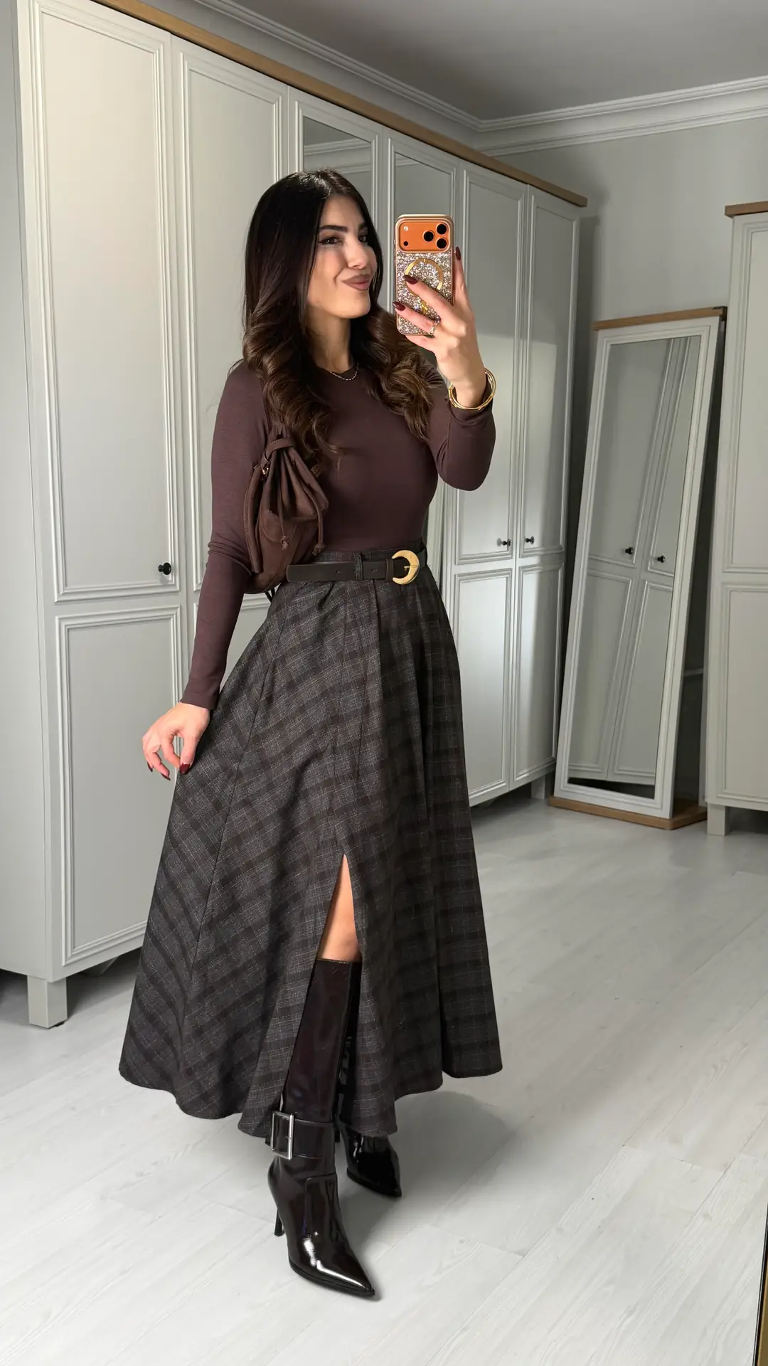 Ottavia Kahverengi Kemerli Yırtmaçlı Ekose Etek - Kahverengi