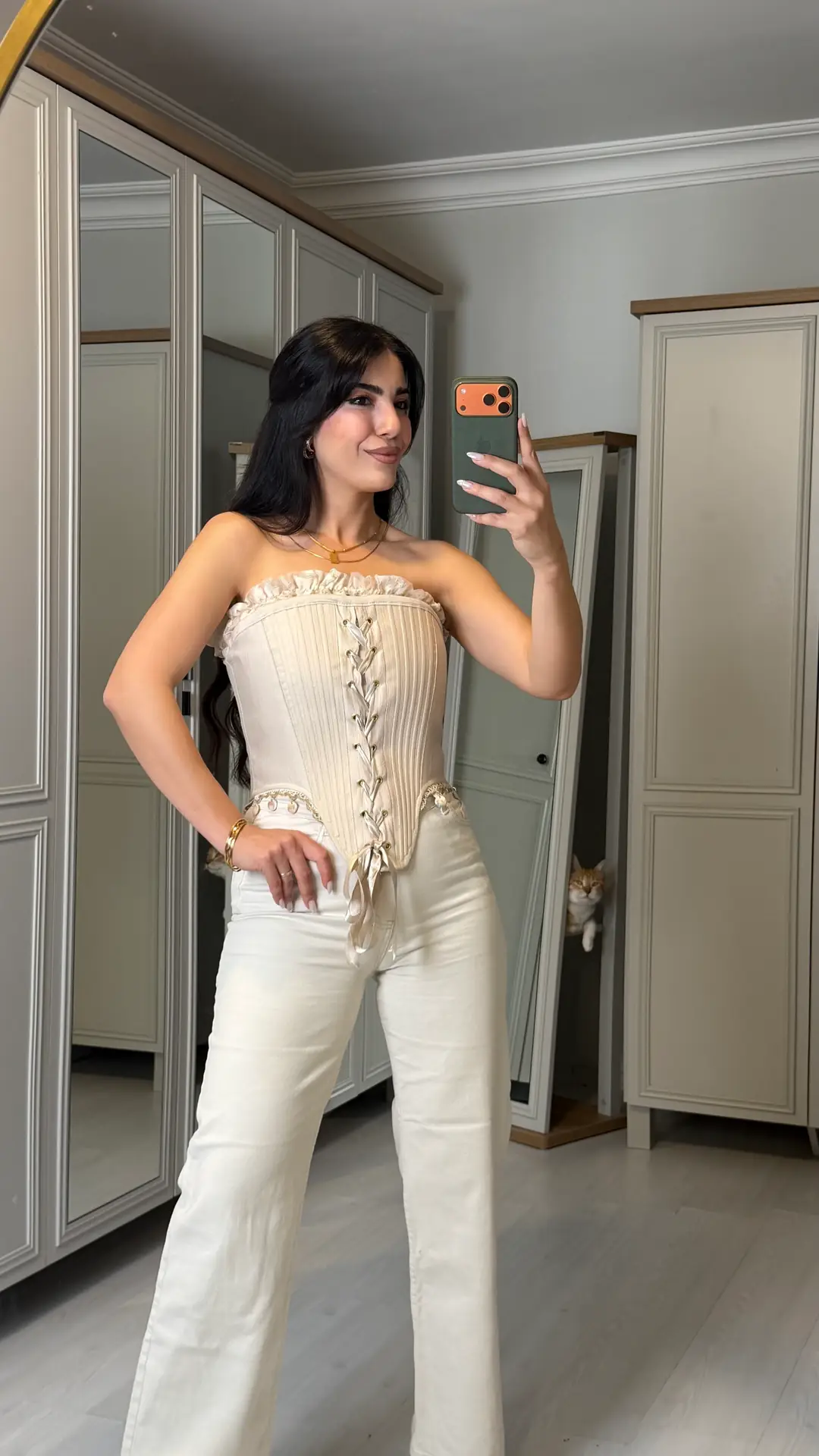 Verona Krem rengi Taşlı Korse Bluz