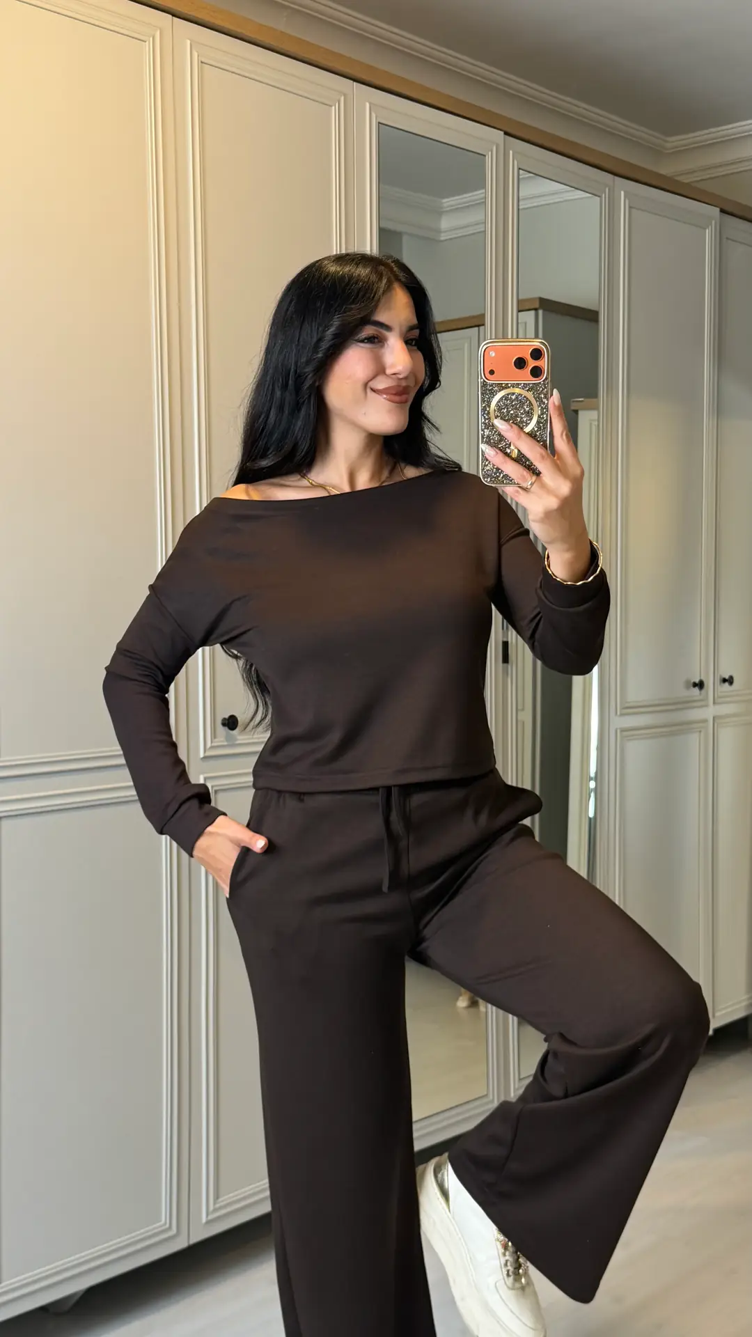 Fely Kayık Yaka İkili Takım - Kahverengi