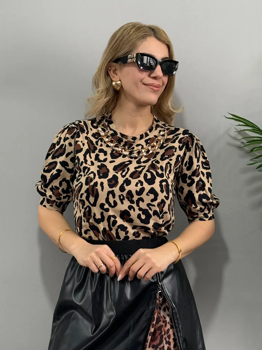 Gips Leopar Detaylı Kolyeli 2'Li Takım
