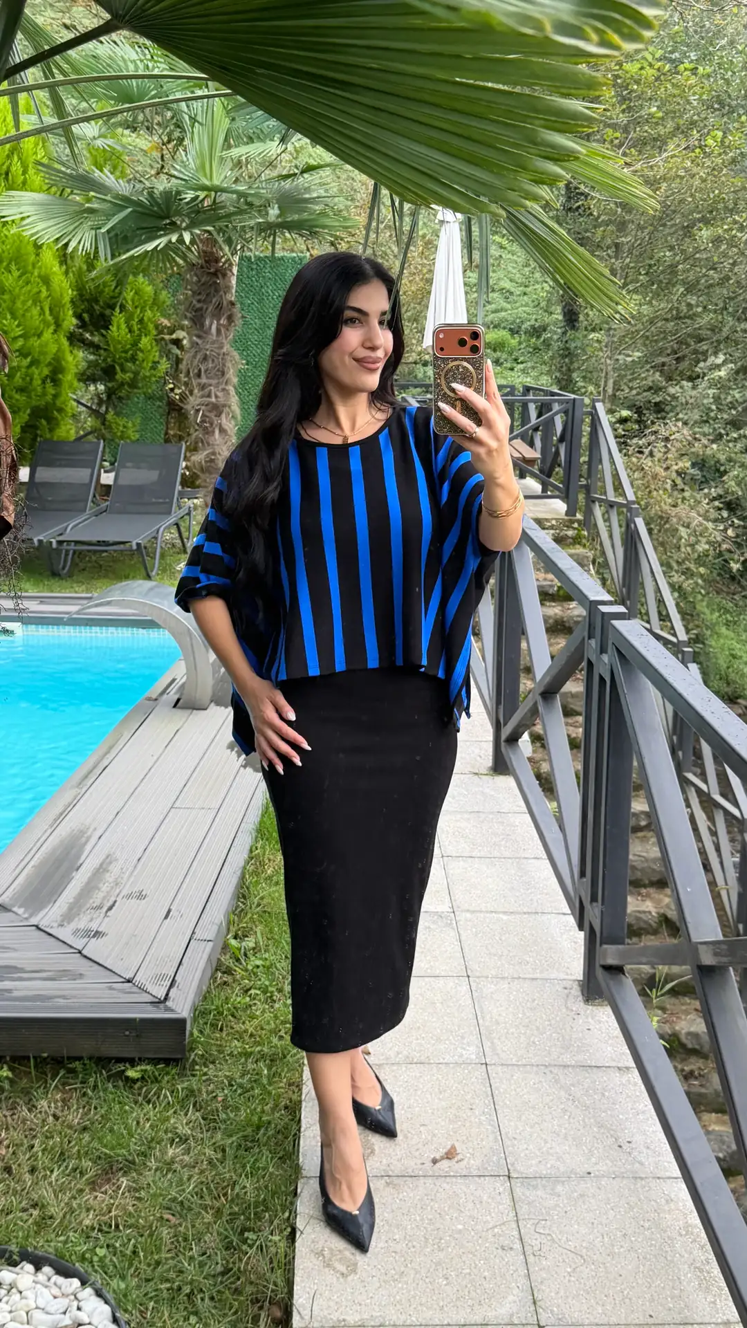 Fiano Üst Çizgili Pançolu Elbise İkili Takım - Mavi