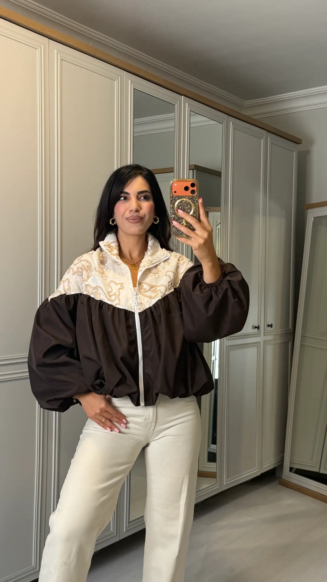 Fily Acı Kahverengi Nakışlı Bomber Ceket - Kahverengi