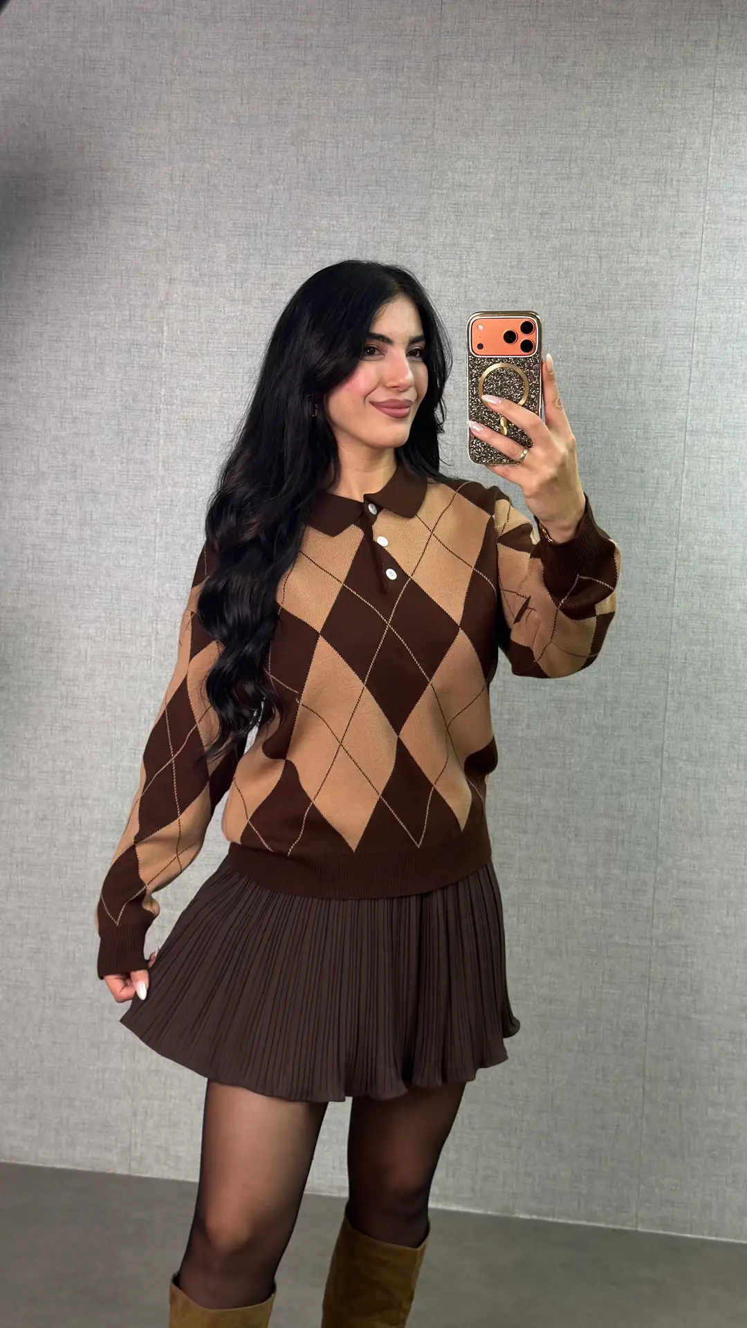 Greta Baklava Desenli Triko Kazak - Kahverengi